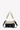 Flat front view of Sherpani's purse, the Skye in Con Leche. The bag is two-toned in black and beige. There is an external zipper compartment with an easy-pull zipper. There is a branded Sherpani keychain clipped to the upper right corner. The bag has a detachable short strap and a longer detachable/adjustable crossbody strap. #color_con-leche