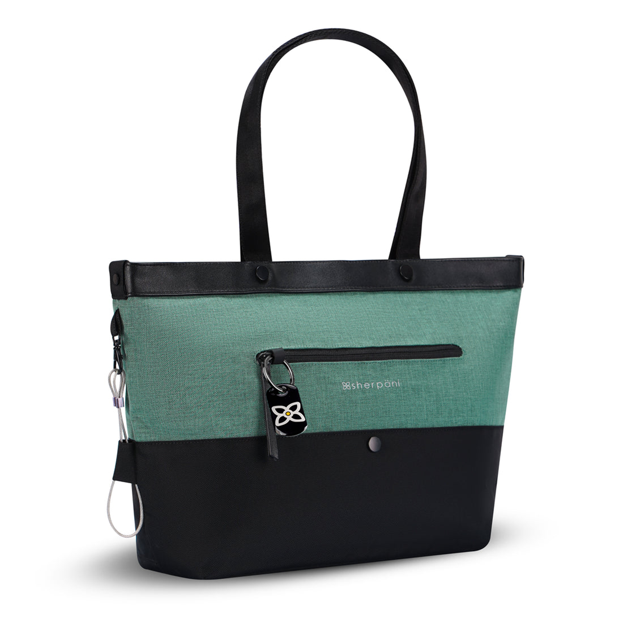 Angled front view of Sherpani's Anti-Theft tote, the Cali AT in Teal, with vegan leather accents in black. There is an external compartment on the front of the bag with a locking zipper and ReturnMe tag. A chair loop lock is clipped to the side of the bag and is held in place by an elastic tab. #color_teal