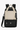 Flat front view of Sherpani's three-in-one bag, the Camden in Con Leche. The bag is two-toned in black and beige. A branded Sherpani keychain is clipped to the upper right corner. An elastic water bottle holder sits on either side of the bag. The bag has an adjustable/detachable crossbody strap, padded/adjustable backpack straps and short tote handles fixed at the top. #color_con-leche