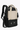 Angled front view of Sherpani's three-in-one bag, the Camden in Con Leche. The bag is two-toned in black and beige. A branded Sherpani keychain is clipped to the upper right corner. An elastic water bottle holder sits on either side of the bag. The bag has an adjustable/detachable crossbody strap, padded/adjustable backpack straps and short tote handles fixed at the top. #color_con-leche