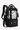 Angled front view of Sherpani's three-in-one bag, the Camden in Magnolia. The half-moon silhouette bag is two-toned: the top is a white floral pattern accented by small red on a grey background, and the bottom is black. A branded Sherpani keychain is clipped to the upper right corner. An elastic water bottle holder sits on either side of the bag. The bag has an adjustable/detachable crossbody strap, padded/adjustable backpack straps and short tote handles fixed at the top. #color_magnolia