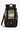 Flat front view of Sherpani's three-in-one bag, the Camden in Ventura '73. It is two-toned, the top is multicolor wavy stripe pattern and the bottom is black. A branded Sherpani keychain is clipped to the upper right corner. An elastic water bottle holder sits on either side of the bag. The bag has an adjustable/detachable crossbody strap, padded/adjustable backpack straps and short tote handles fixed at the top. #color_ventura-73