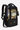Angled front view of Sherpani's three-in-one bag, the Camden in Ventura '73. The bag is two-toned, the top is multicolor wavy stripe pattern and the bottom is black. A branded Sherpani keychain is clipped to the upper right corner. An elastic water bottle holder sits on either side of the bag. The bag has an adjustable/detachable crossbody strap, padded/adjustable backpack straps and short tote handles fixed at the top. #color_ventura-73