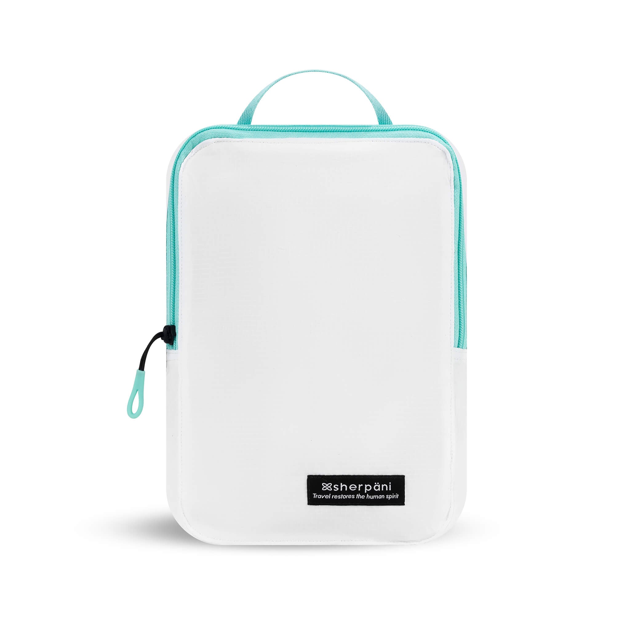 Flat front view of Compass Packing Cube in large size. The cube is white with zipper and handle accented in aqua. 