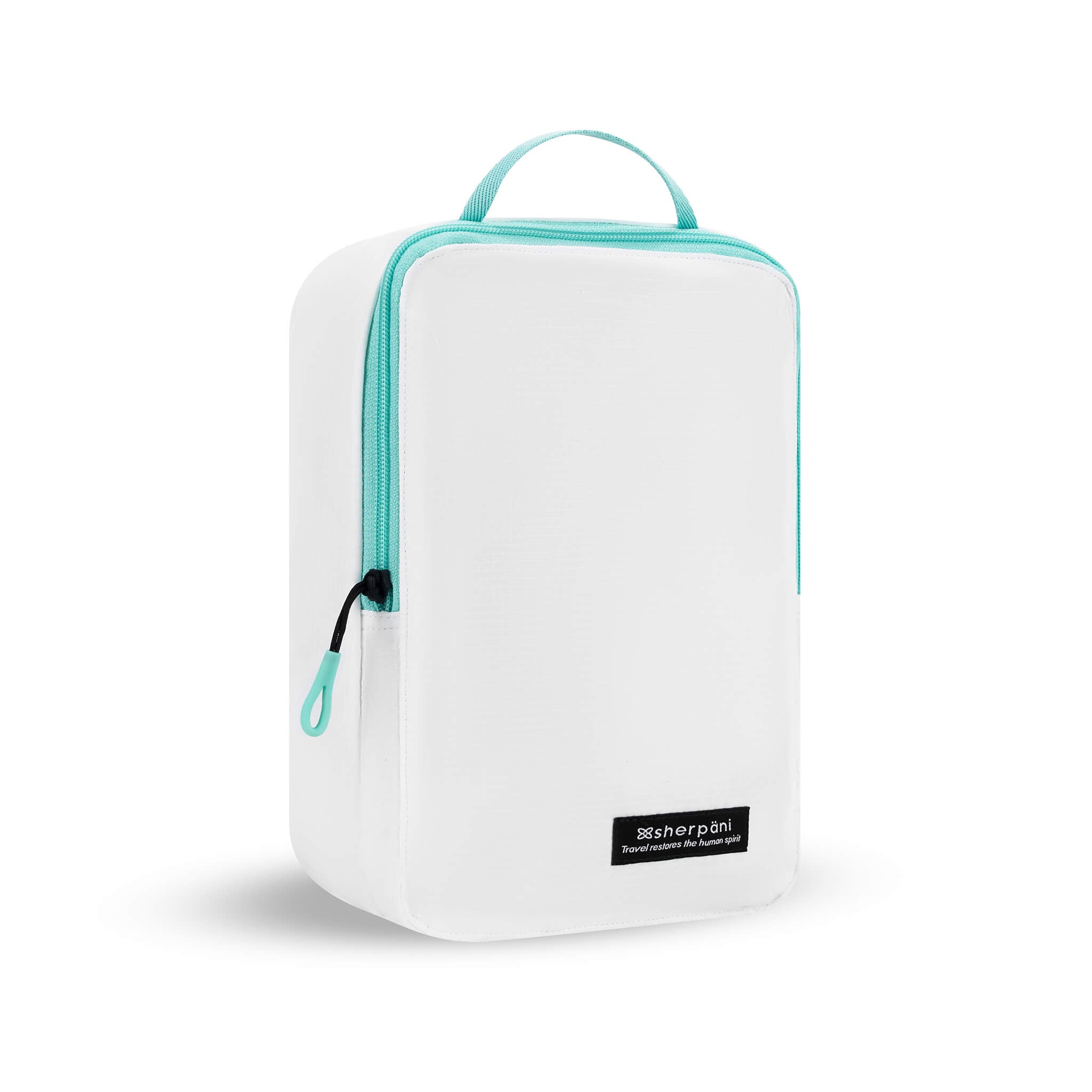 Angled front view of Compass Packing Cube in large size. The cubes are white with zipper and handle accented in aqua. 