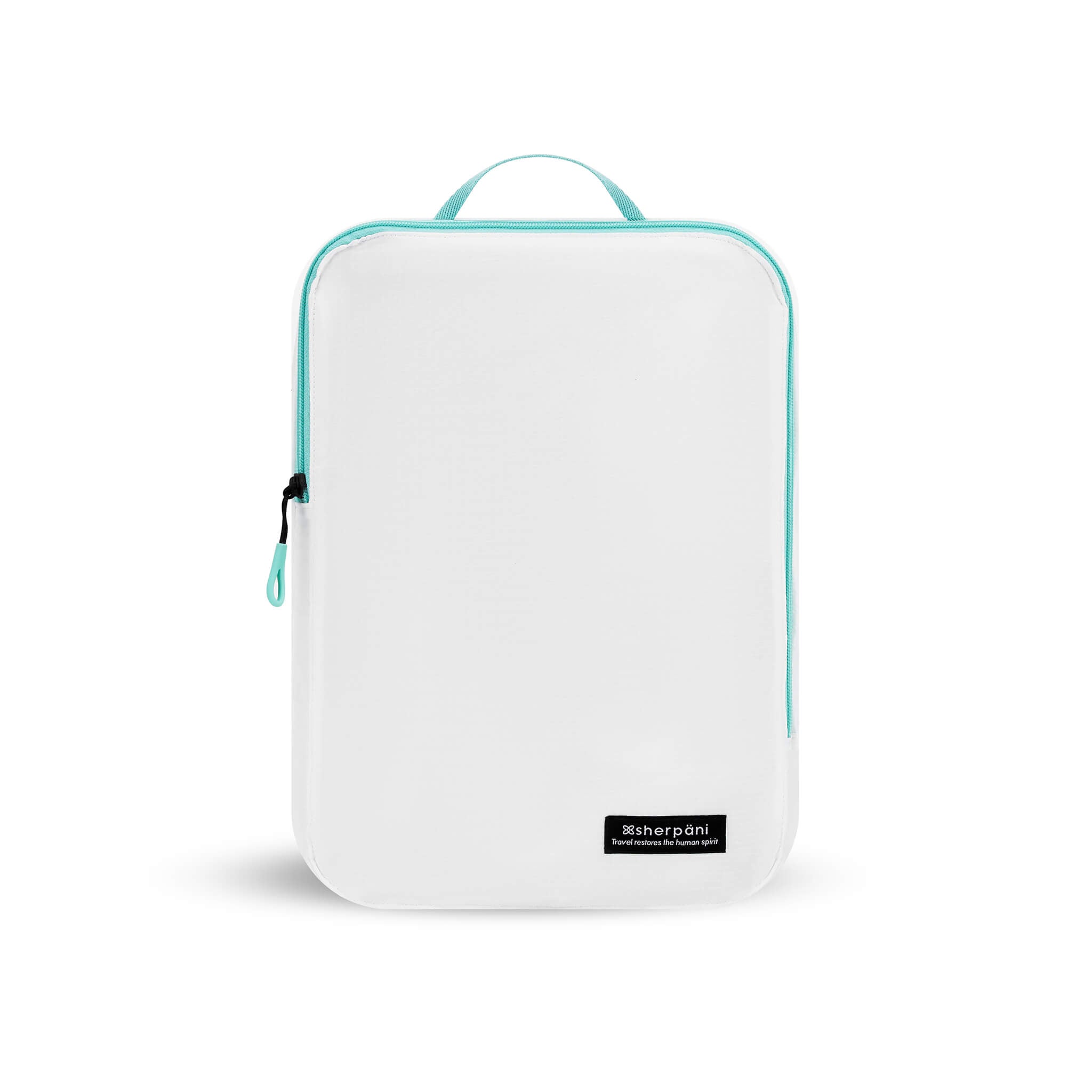 Flat front view of Compass Packing Cube in medium size. The cube is white with zipper and handle accented in aqua. 
