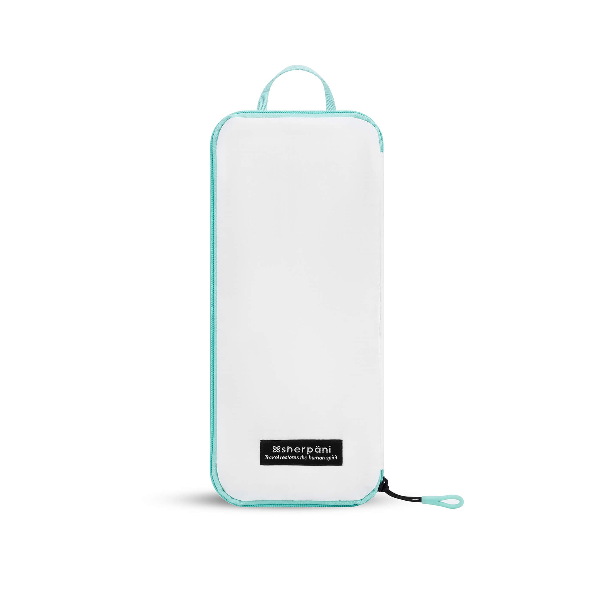 Flat front view of Compass Packing Cube in small size. The cube is white with zipper and handle accented in aqua. 