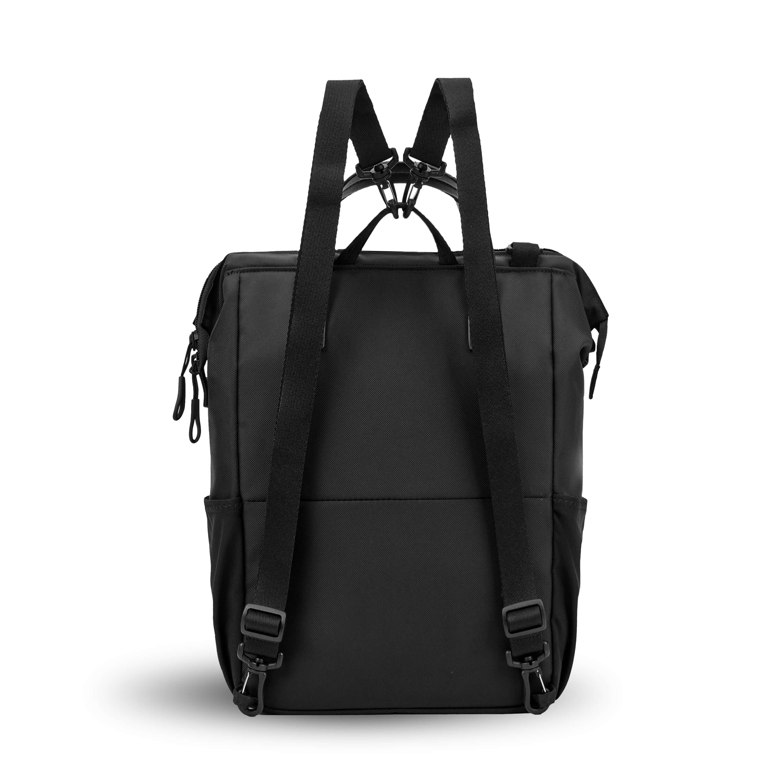 Back view of Sherpani three in one bag, the Dispatch in Raven. The detachable straps are shown in the backpack style. 