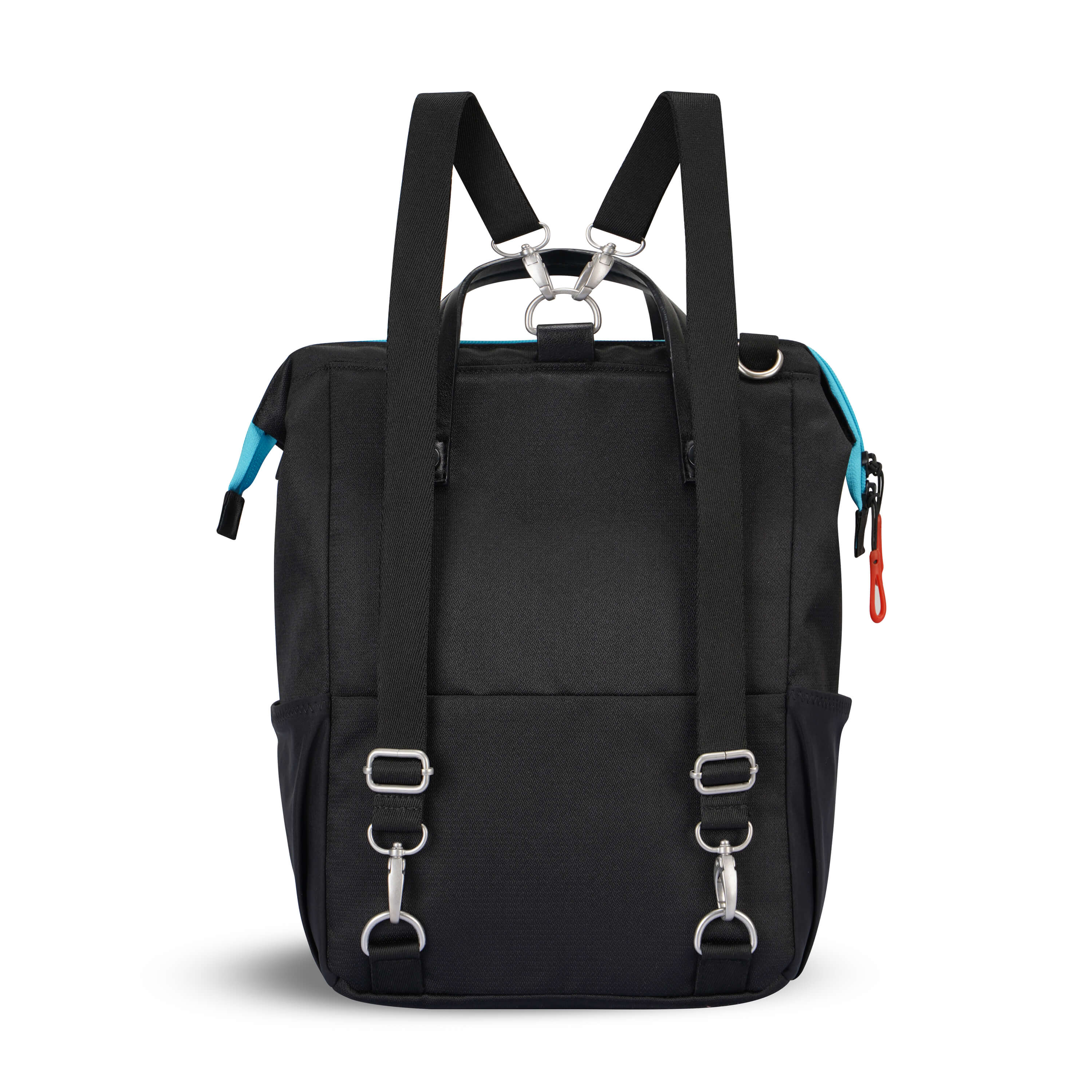 Back view of Sherpani three-in-one bag, the Dispatch in Chromatic. The detachable straps are shown in the backpack style. 