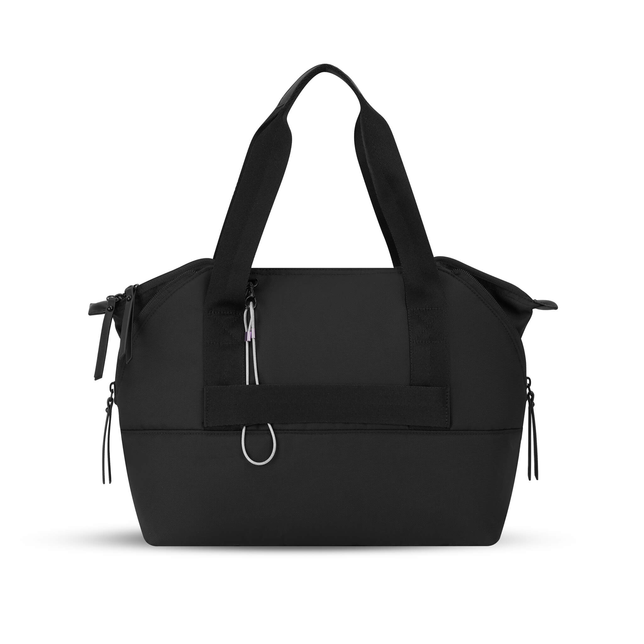 Back view of Sherpani Eclipse Anti-Theft tote in Carbon. Bag features include a wire-loop chair lock to prevent theft and a trolley sleeve. 