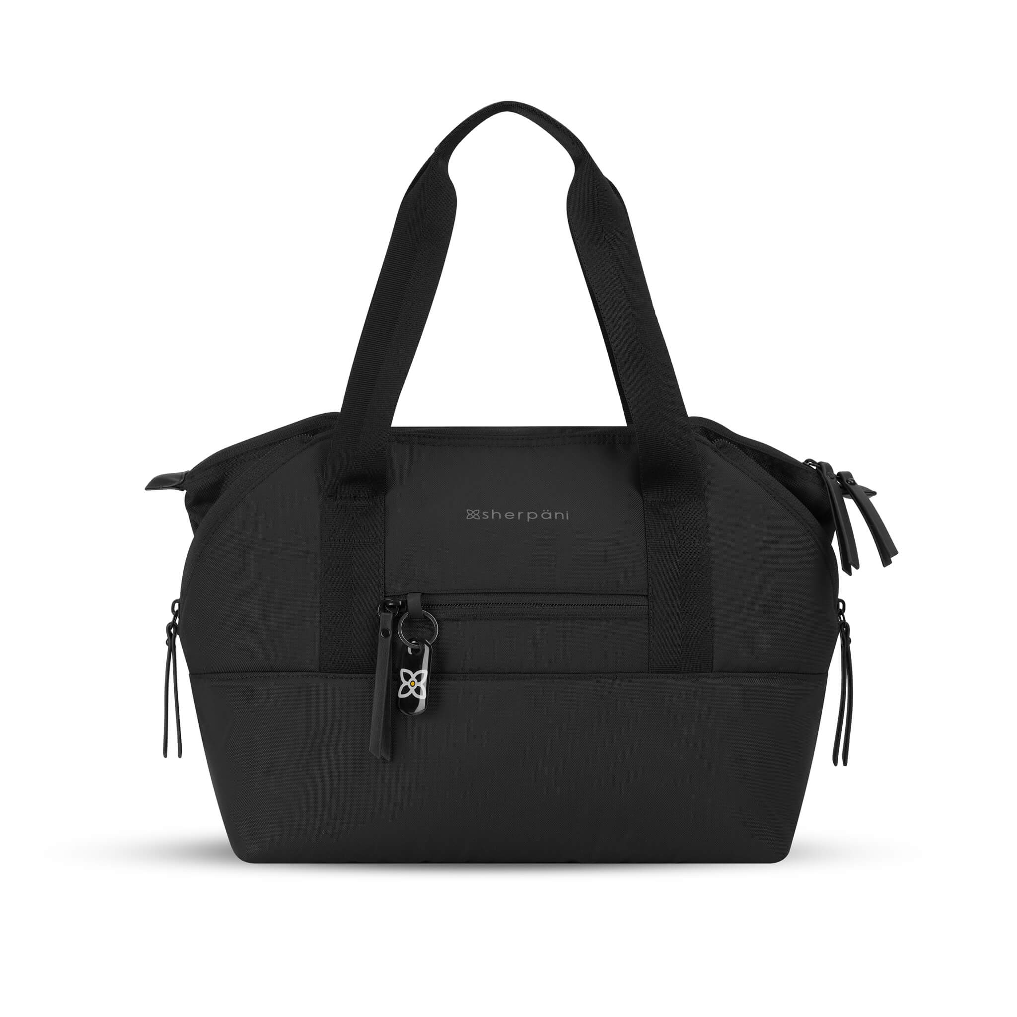 Flat front view of the Eclipse in Carbon, a true black color. This travel tote features a zipper pocket in each corner which makes the Eclipse an expandable bag. This Anti-Theft purse is sustainably made from recycled materials including post consumer plastic and vegan leather. 