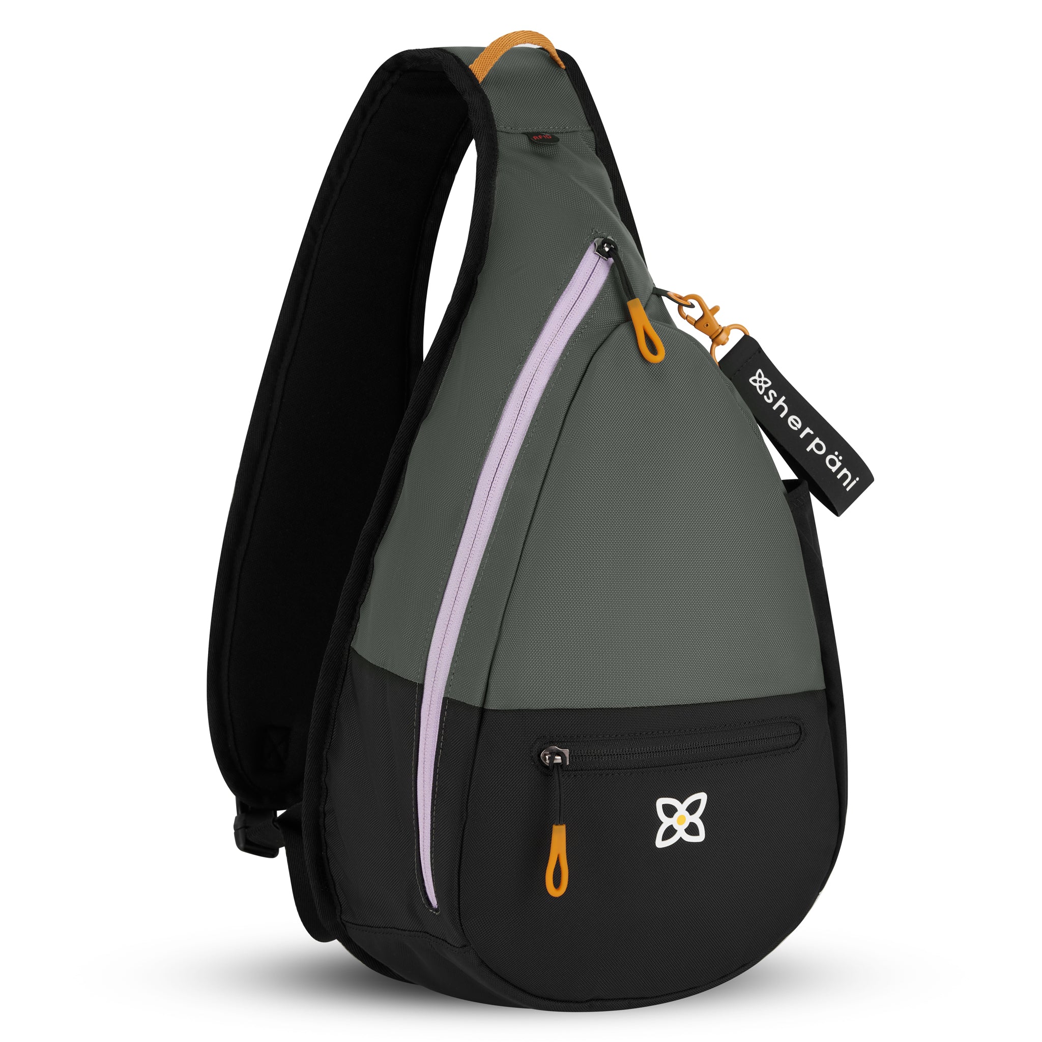 Angled front view of Sherpani sling backpack for women, the Esprit in Juniper. Esprit features include front zipper pocket, side zipper pocket, inside mesh pocket, RFID blocking, detachable key chain and an adjustable sling strap. The Juniper color is two-toned in black and gray with accents in lavender and yellow. 