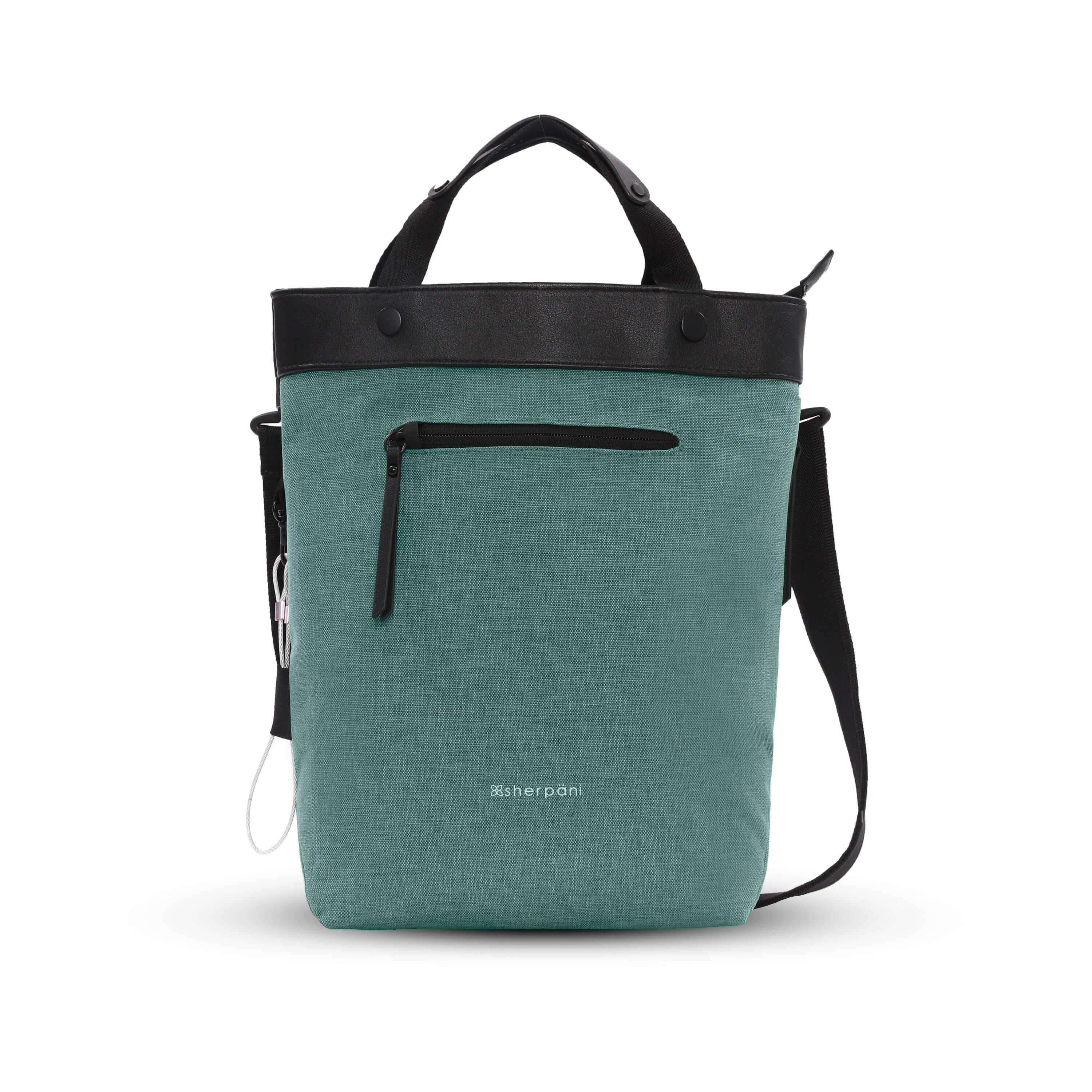 Flat front view of Sherpani's Anti-Theft bag, the Geo AT in Teal, with vegan leather accents in black. The bag features short tote handles and an adjustable/detachable crossbody strap. There is a locking zipper compartment on the front. A chair loop lock is clipped to the side and secured in place by an elastic tab. 