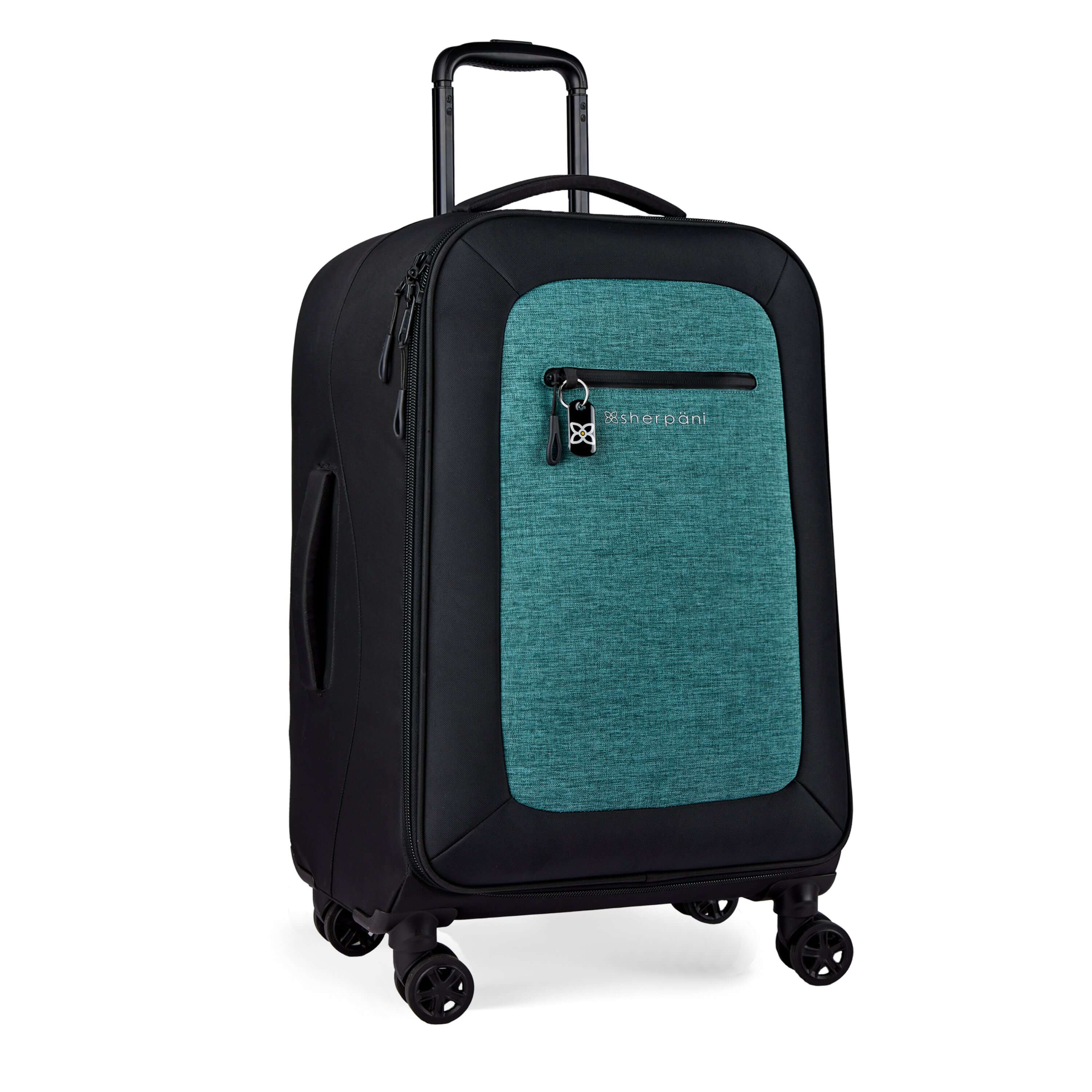 Angled front view of Sherpani’s Anti-Theft luggage the Hemisphere in Teal. The suitcase has a soft shell exterior made from recycled plastic bottles and features vegan leather accents in black. There is a main zipper compartment and an external pocket on the front with a locking zipper and a ReturnMe tag. On the top of the suitcase sits a retractable luggage handle. On the top and side sit two easy-access handles. At the bottom are four 36-degree spinner wheels for smooth rolling. 
