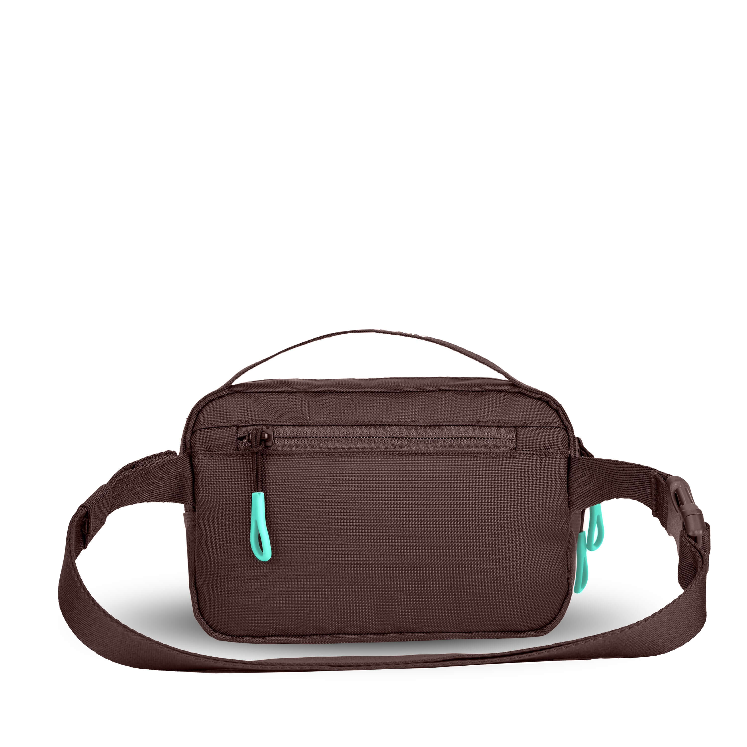 Back view of Sherpani's fanny pack, the Hyk in Lavender. The back of the bag is brown. Easy-pull zippers are accented in aqua. The fanny pack features an adjustable strap with a buckle. 