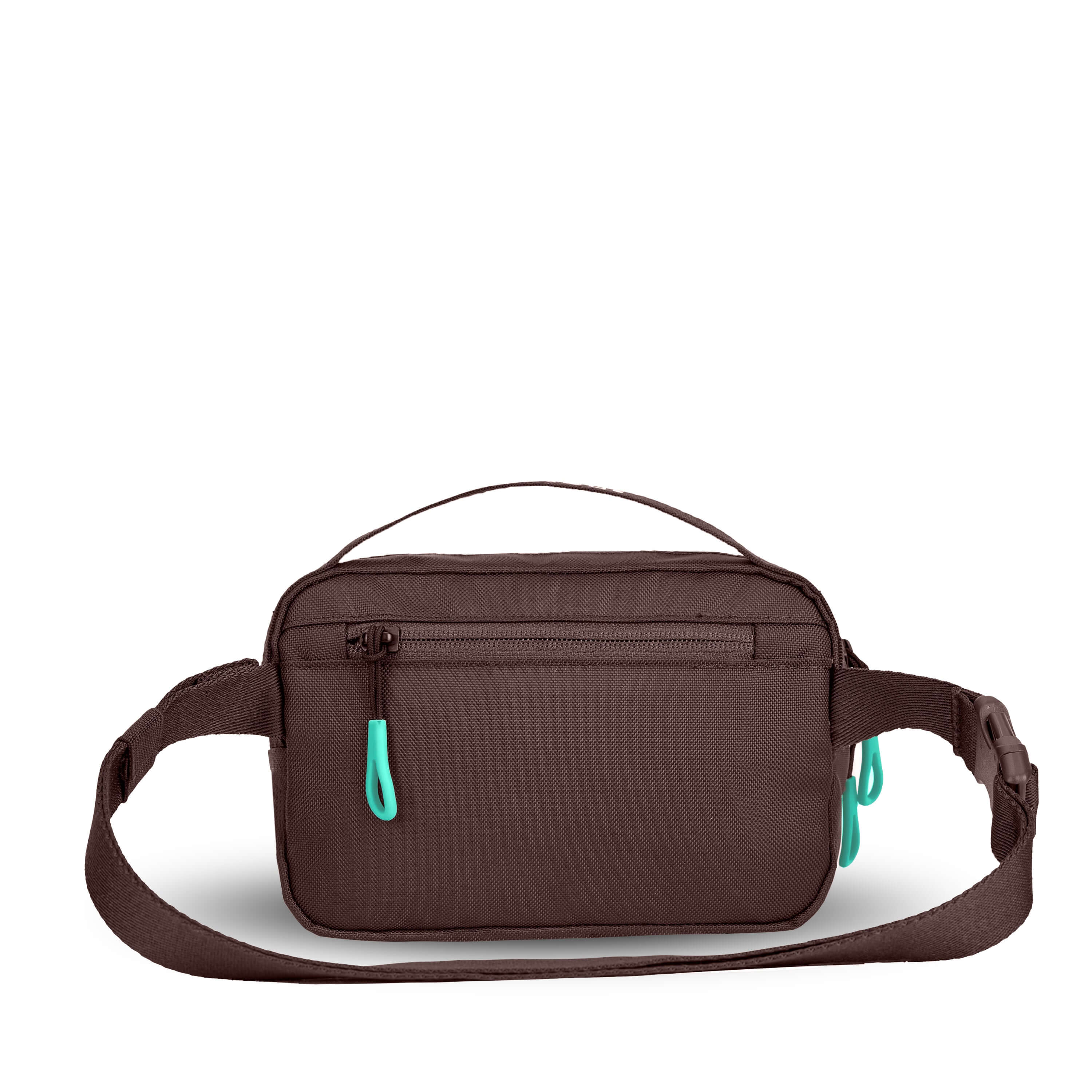 Back view of Sherpani's fanny pack, the Hyk in Seagreen. The back of the bag is brown. Easy-pull zippers are accented in light green. The fanny pack features an adjustable strap with a buckle. 