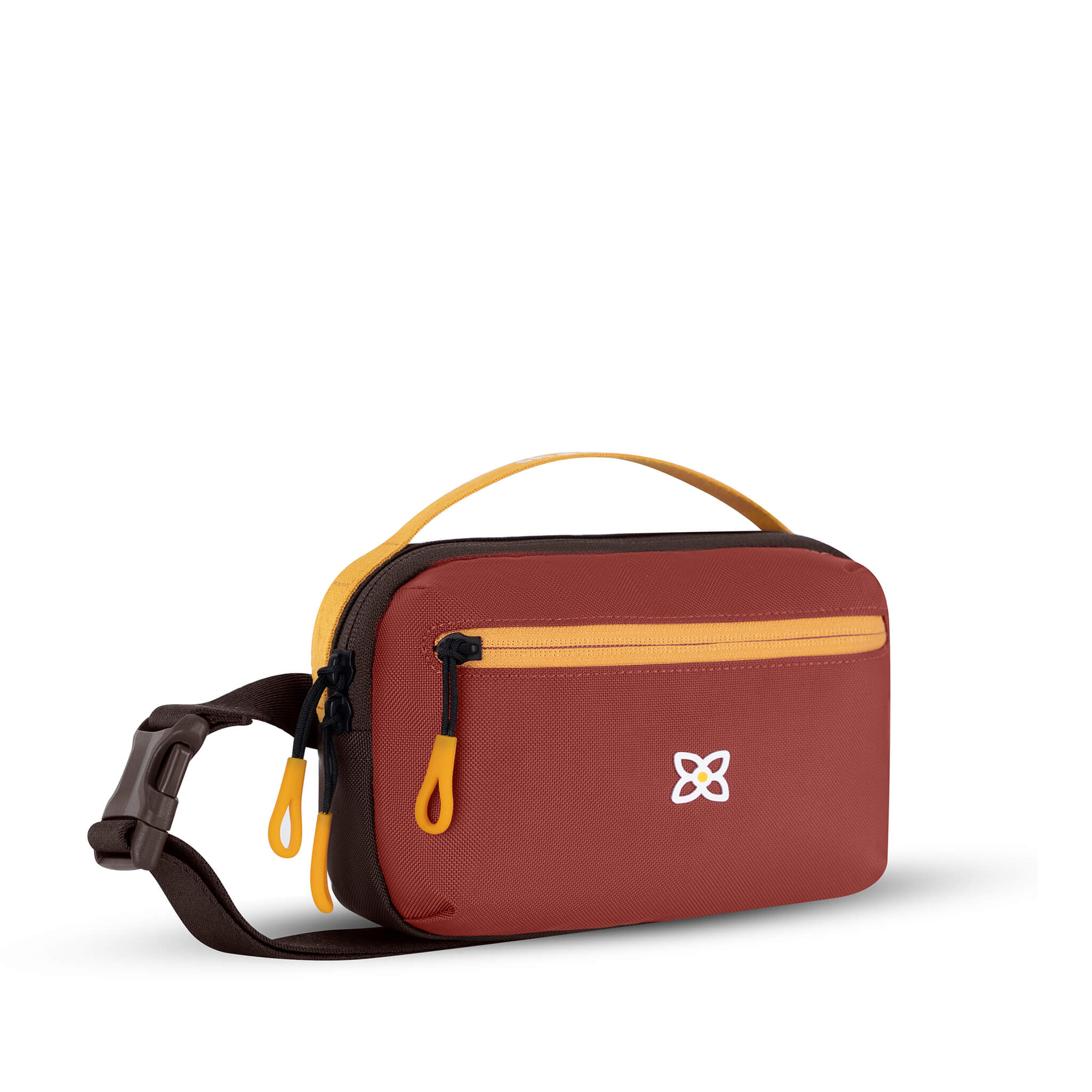 Angled front view of Sherpani hip pack, the Hyk in Cider. Hyk features include an adjustable waist strap, two external zipper pockets, an internal zipper pocket and RFID-blocking technology to block cyber theft. The Cider color is burgundy with yellow accents. #color_cider