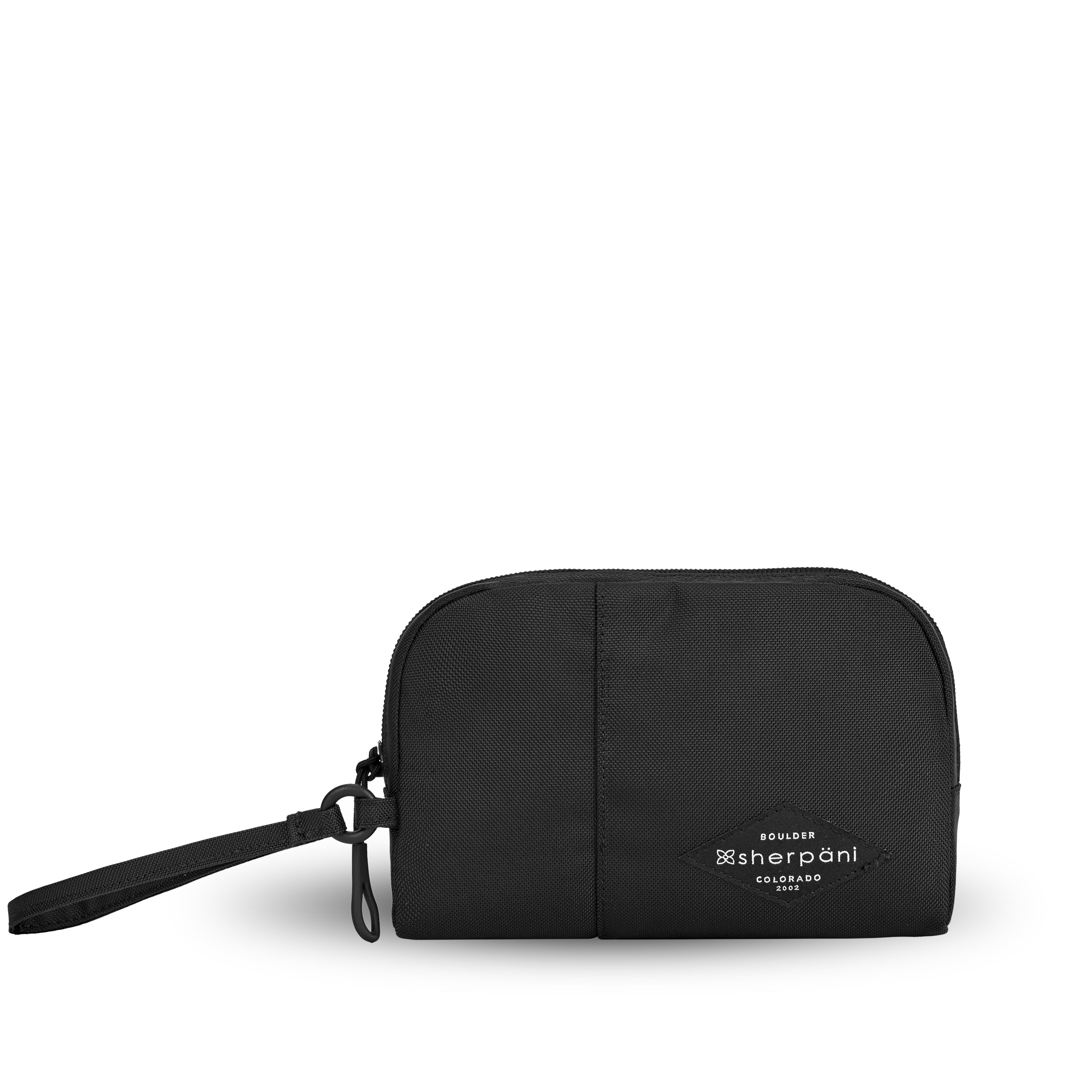 Flat front view of Sherpani travel accessory, the Jolie in Raven, in medium size. The pouch is entirely black. It features a black wristlet strap and an easy-pull zipper accented in black. 