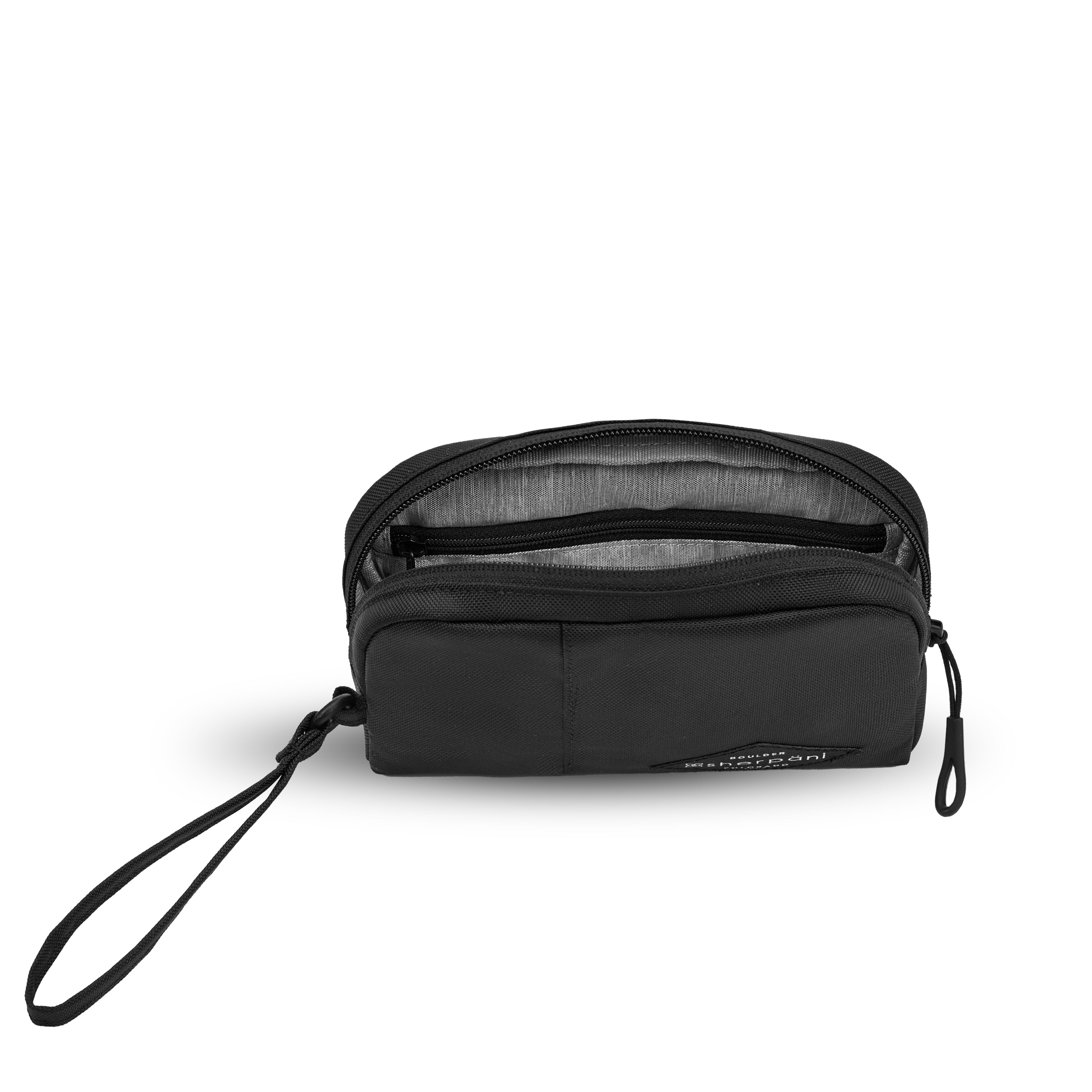 Top view of Sherpani travel accessory the Jolie in Raven, in medium size. The pouch is unzipped to reveal a light gray interior and internal zipper pocket. 