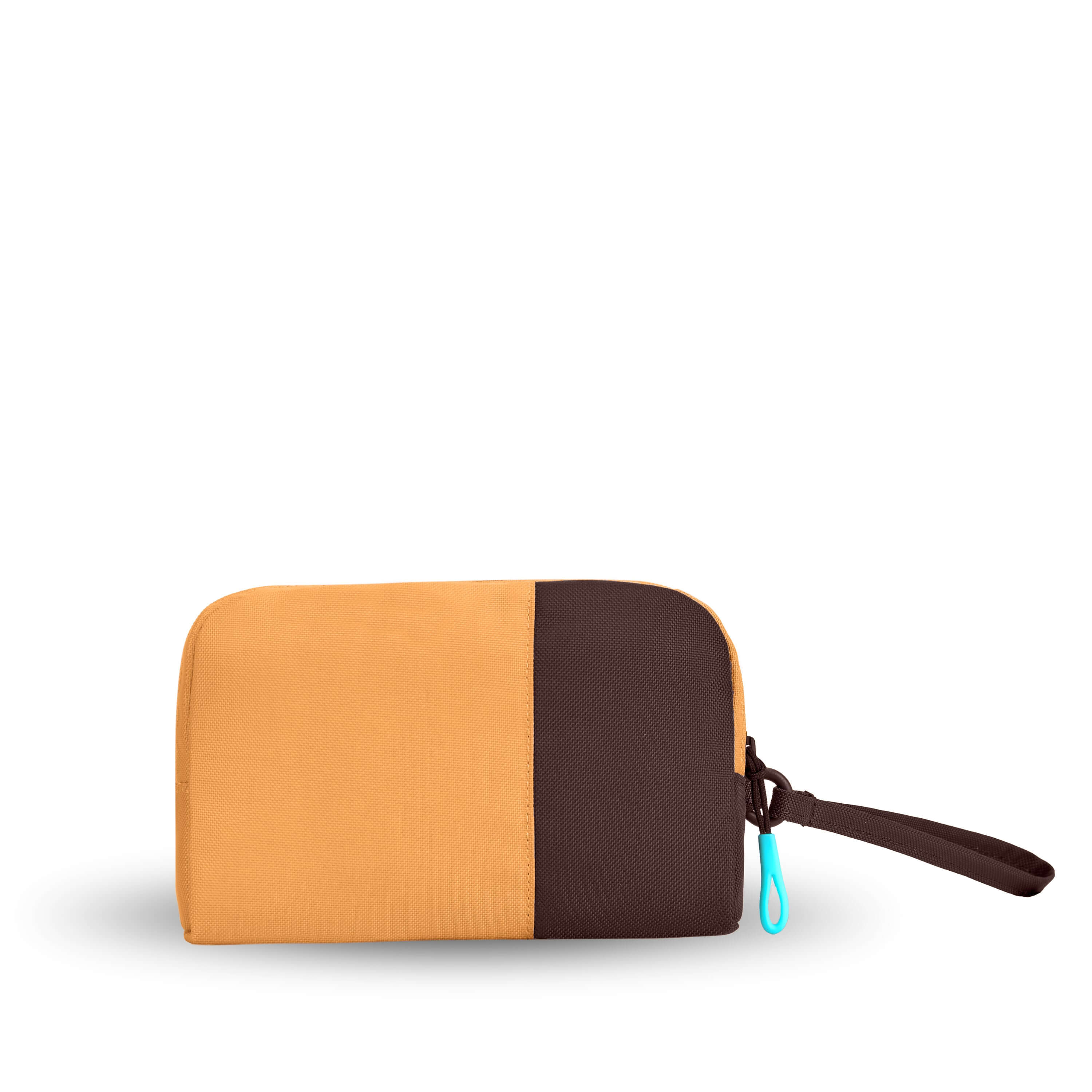 Back view of Sherpani travel accessory, the Jolie in Sundial, in small size. The pouch is two-toned in burnt yellow and brown. It features a brown wristlet strap and an easy-pull zipper accented in aqua. 