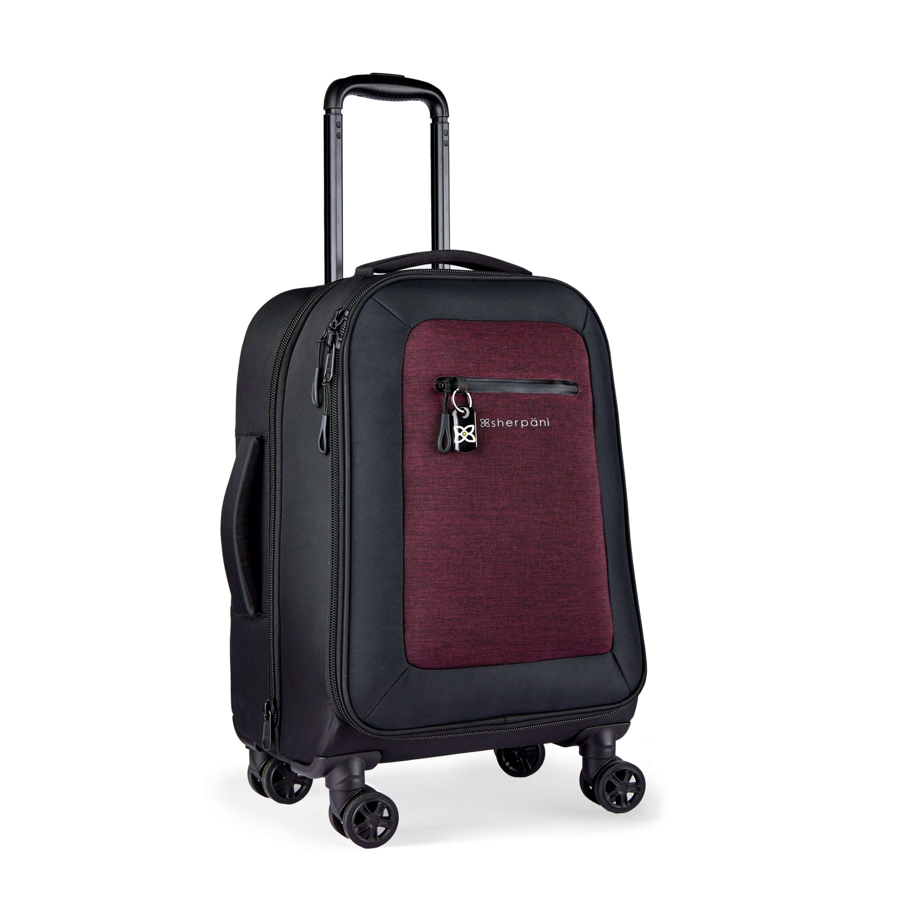 Angled front view of Sherpani's Anti-Theft luggage the Latitude in Merlot. The suitcase has a soft shell exterior made from recycled plastic bottles and features vegan leather accents in black. There is a main zipper compartment, an expansion zipper and an external pocket on the front with a locking zipper and a ReturnMe tag. On the top of the suitcase sits a retractable luggage handle. On the side sits an easy-access handle. At the bottom are four 360-degree spinner wheels for smooth rolling.#color_merlot