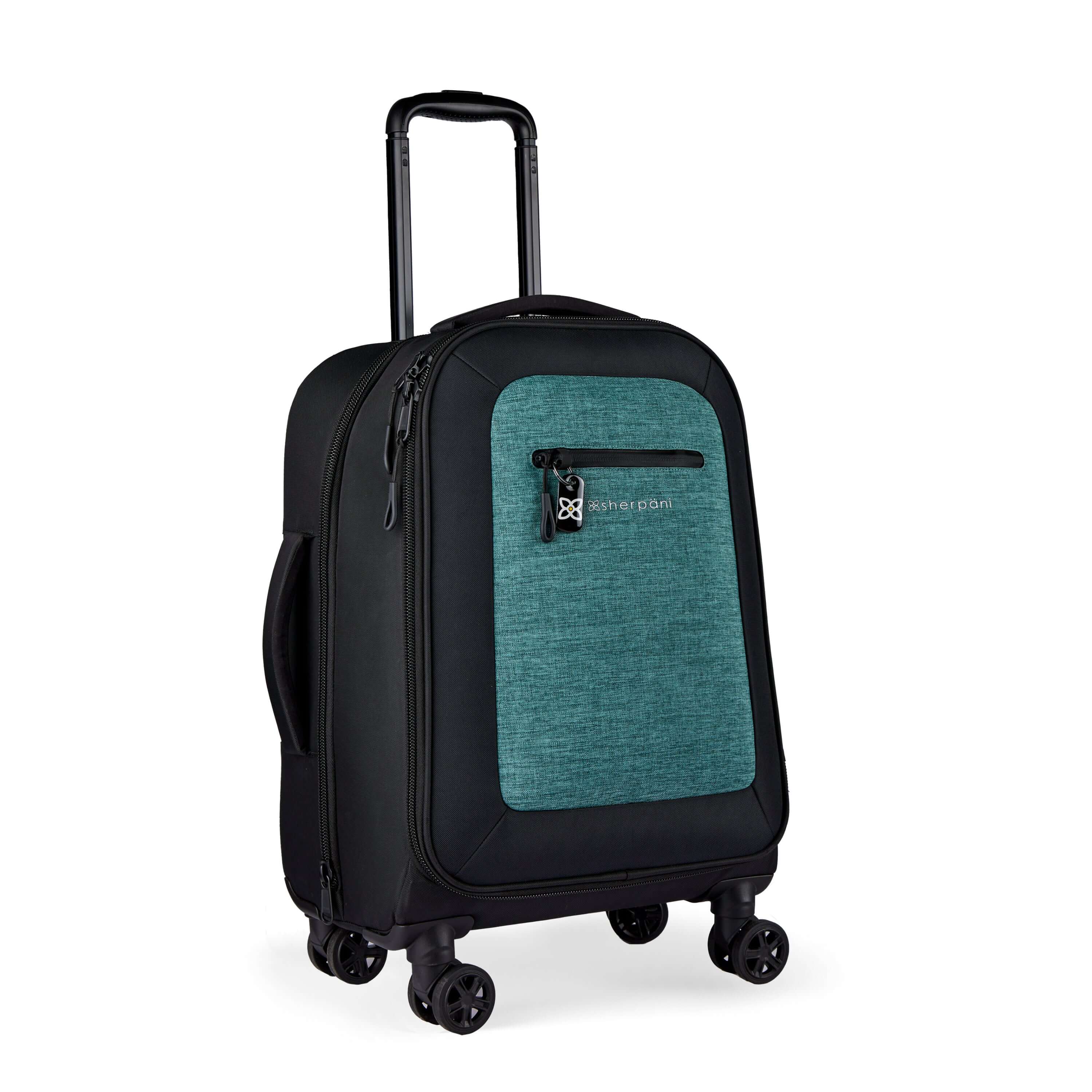 Angled front view of Sherpani’s Anti-Theft luggage the Latitude in Teal. The suitcase has a soft shell exterior made from recycled plastic bottles and features vegan leather accents in black. There is a main zipper compartment, an expansion zipper and an external pocket on the front with a locking zipper and a ReturnMe tag. On the top of the suitcase sits a retractable luggage handle. On the side sits an easy-access handle. At the bottom are four 360-degree spinner wheels for smooth rolling. #color_teal