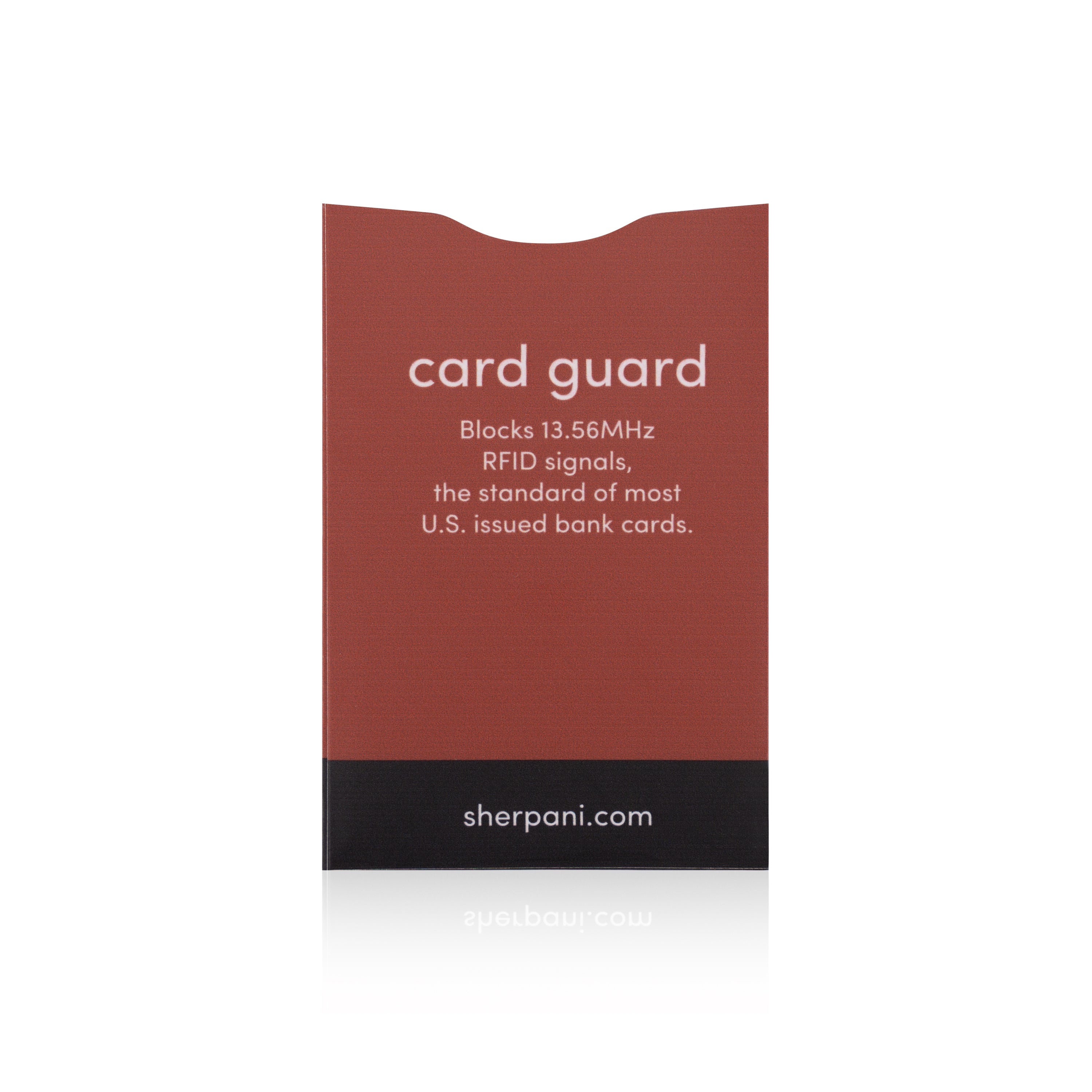 Back view of card guard in Cider. The back reads "Blocks 13.56MHz RFID signals, the standard of most U.S. issued bank cards."