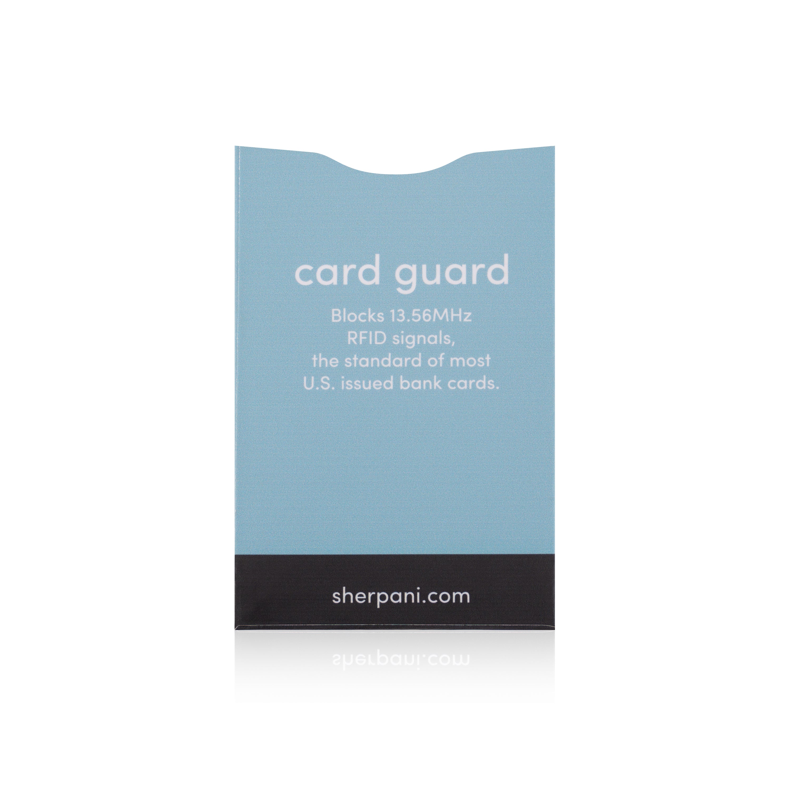 Back view of card guard in Maui Blue. The back reads "Blocks 13.56MHz RFID signals, the standard of most U.S. issued bank cards."