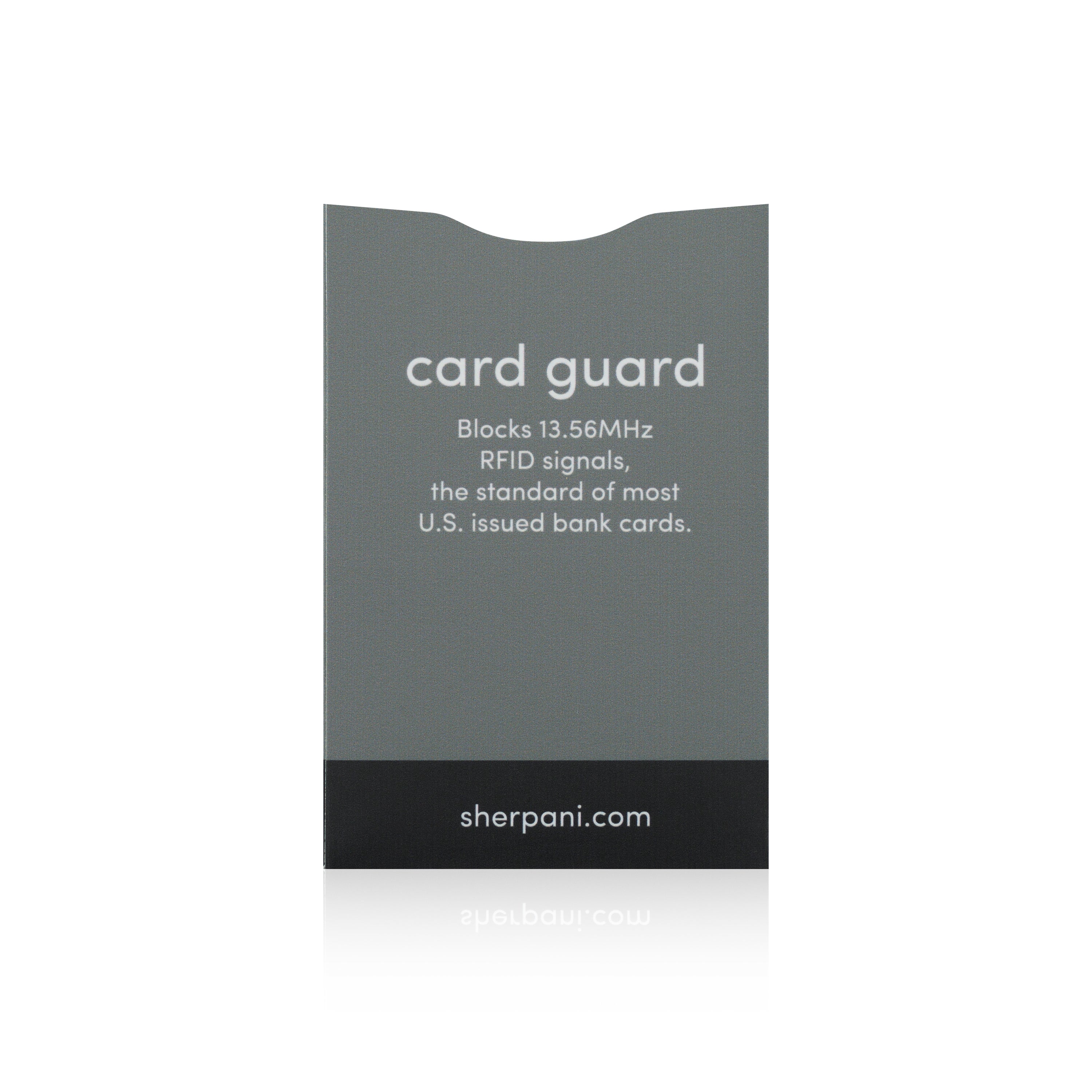 Back view of card guard in Juniper. The back reads "Blocks 13.56MHz RFID signals, the standard of most U.S. issued bank cards."