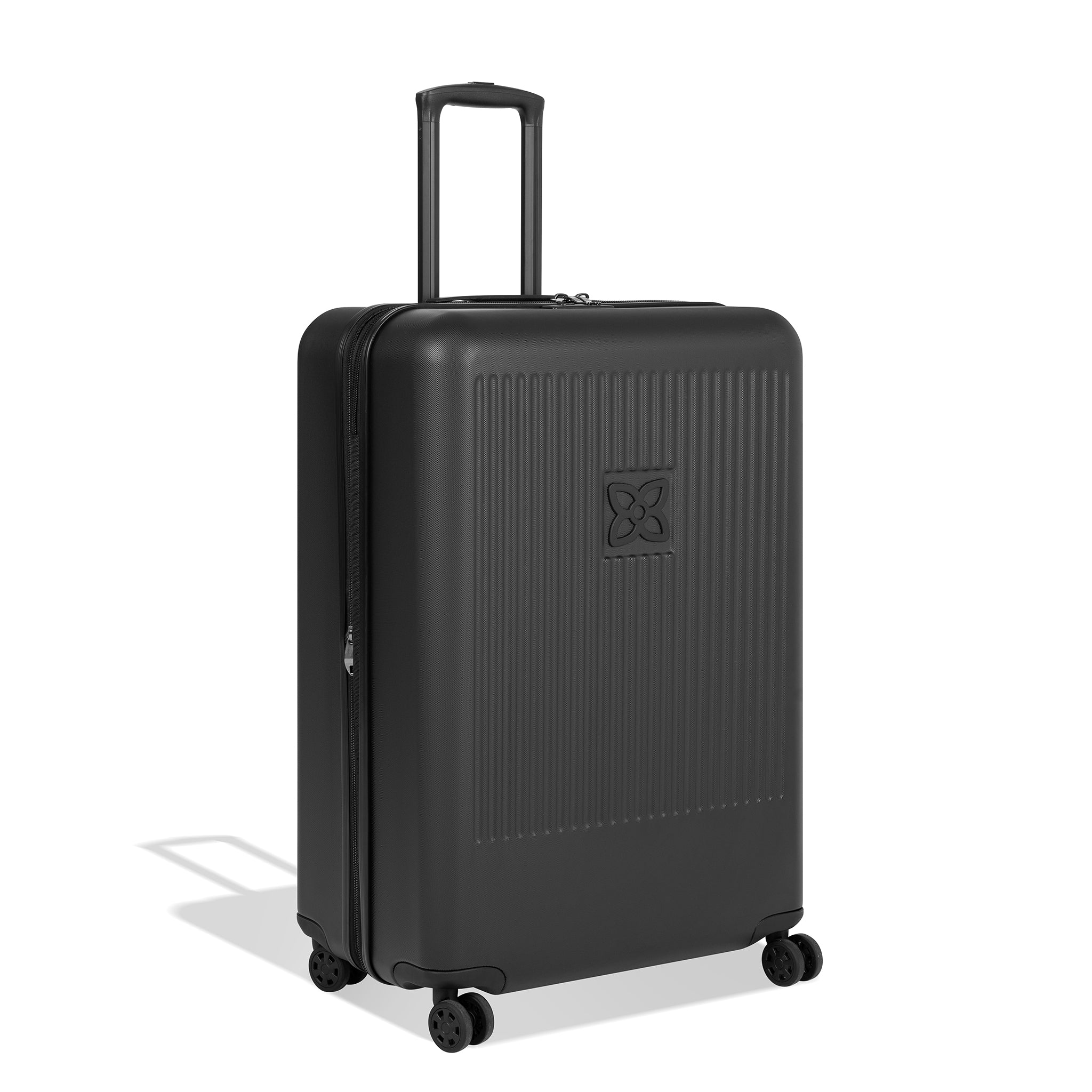 Angled front view of Sherpani hard-shell checked luggage, the Meridian in Black. Meridian features include a retractable luggage handle, uncrushable exterior, TSA-approved locking zippers and four 36-degree spinner wheels. #color_black