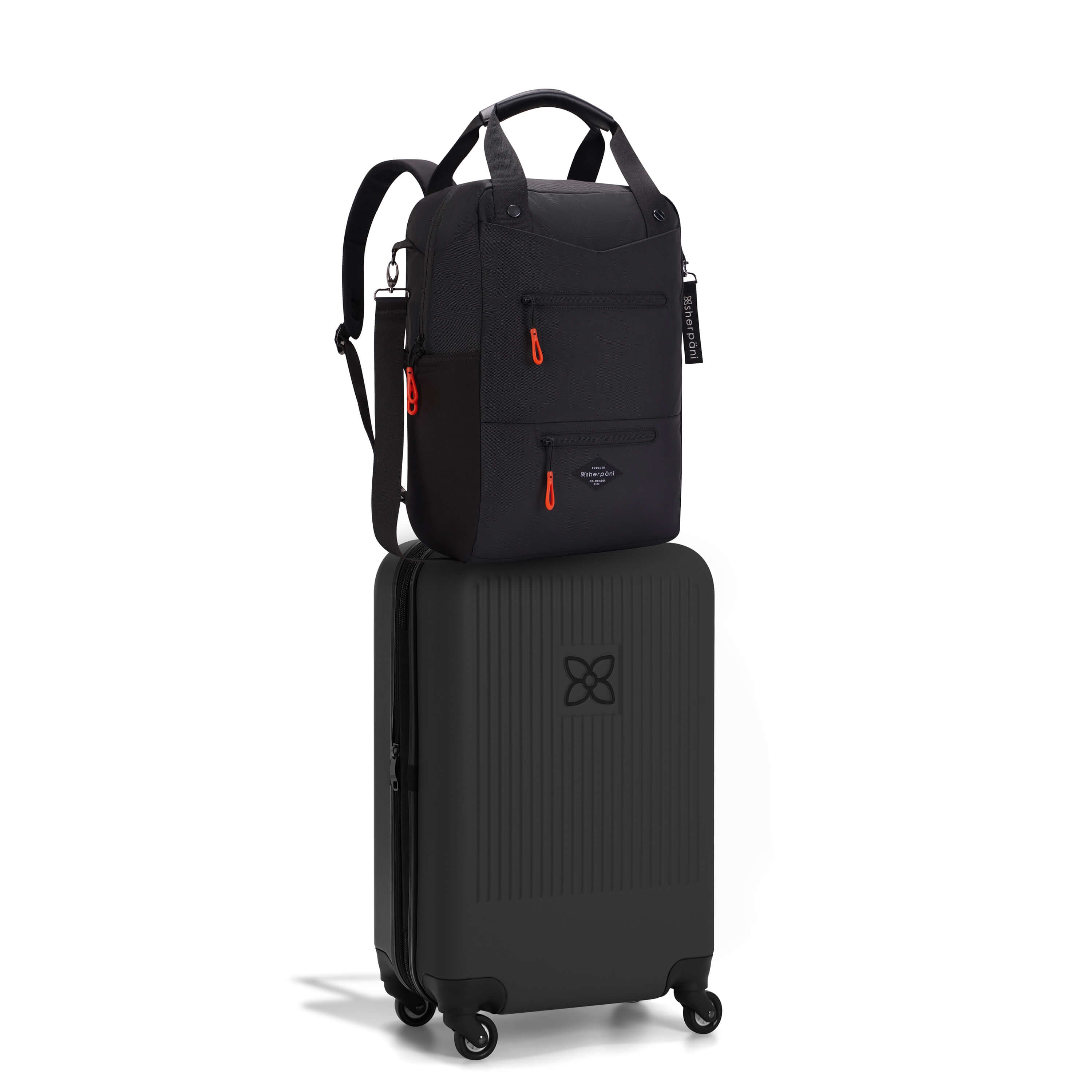 Sherpani travel Carry on Bundle in Classic Black. Hard shell luggage the Meridian and convertible travel bag the Camden bundled together at a discounted rate. 