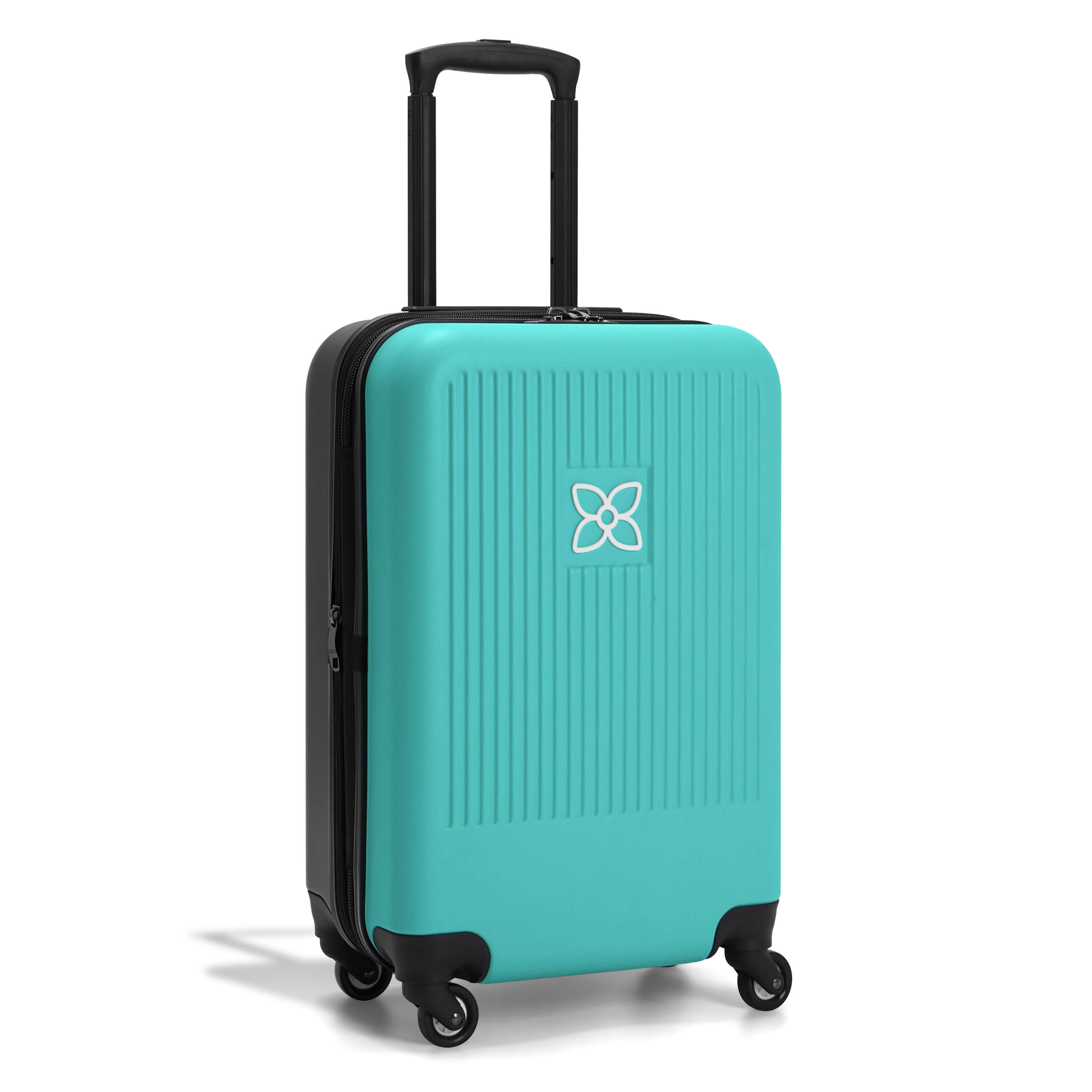 Angled front view of Sherpani hard-shell carry-on luggage, the Meridian in Caribe. Meridian features include a retractable luggage handle, uncrushable exterior, TSA-approved locking zippers and four 36-degree spinner wheels. The Caribe colorway is two-toned with the front of the suitcase in turquoise blue and the back in classic black. #color_caribe
