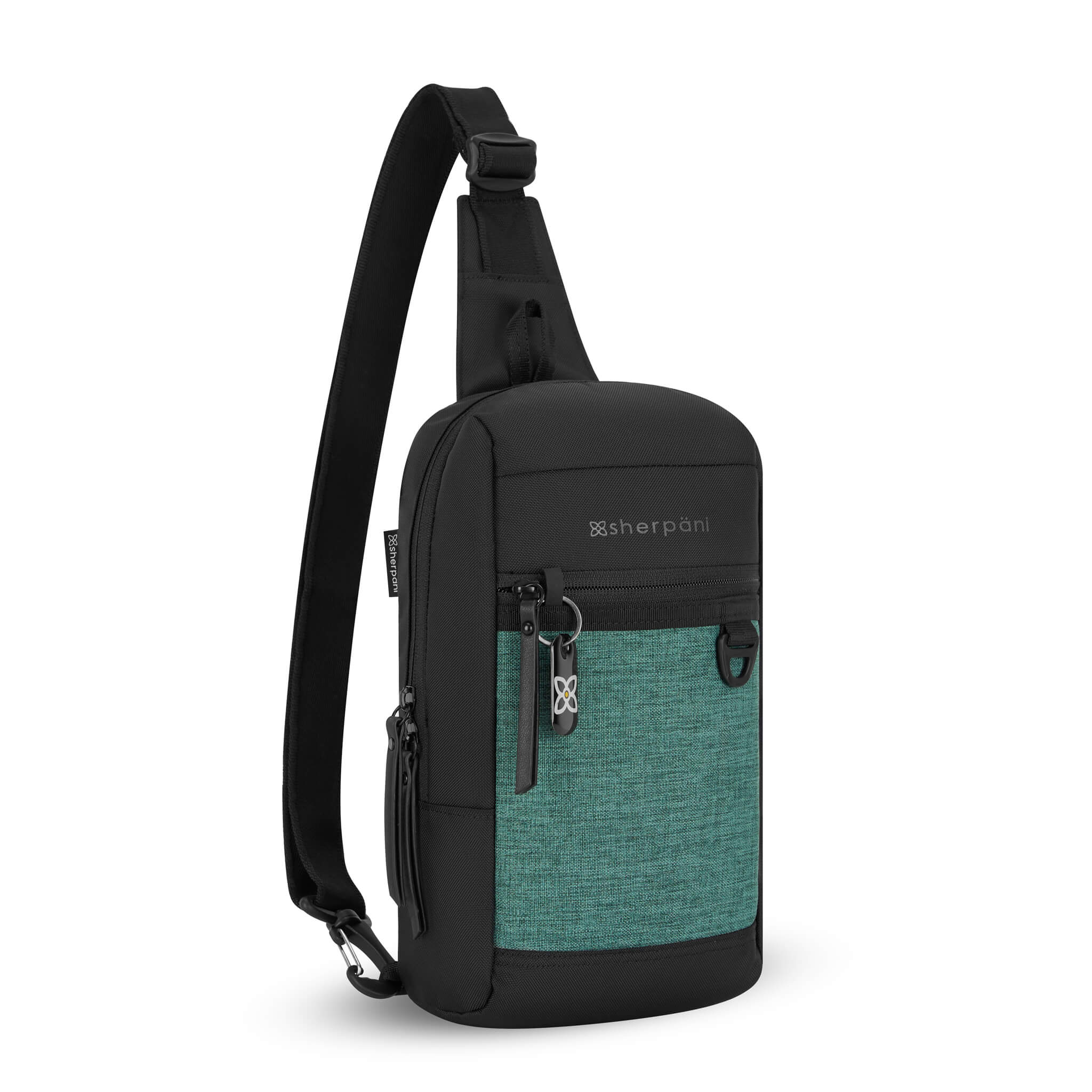 Angled front view of Sherpani mini sling backpack, the Metro in Teal. This Anti-Theft sling includes security features for safe travels and an adjustable crossbody strap that can convert the Metro to a left-handed design. 