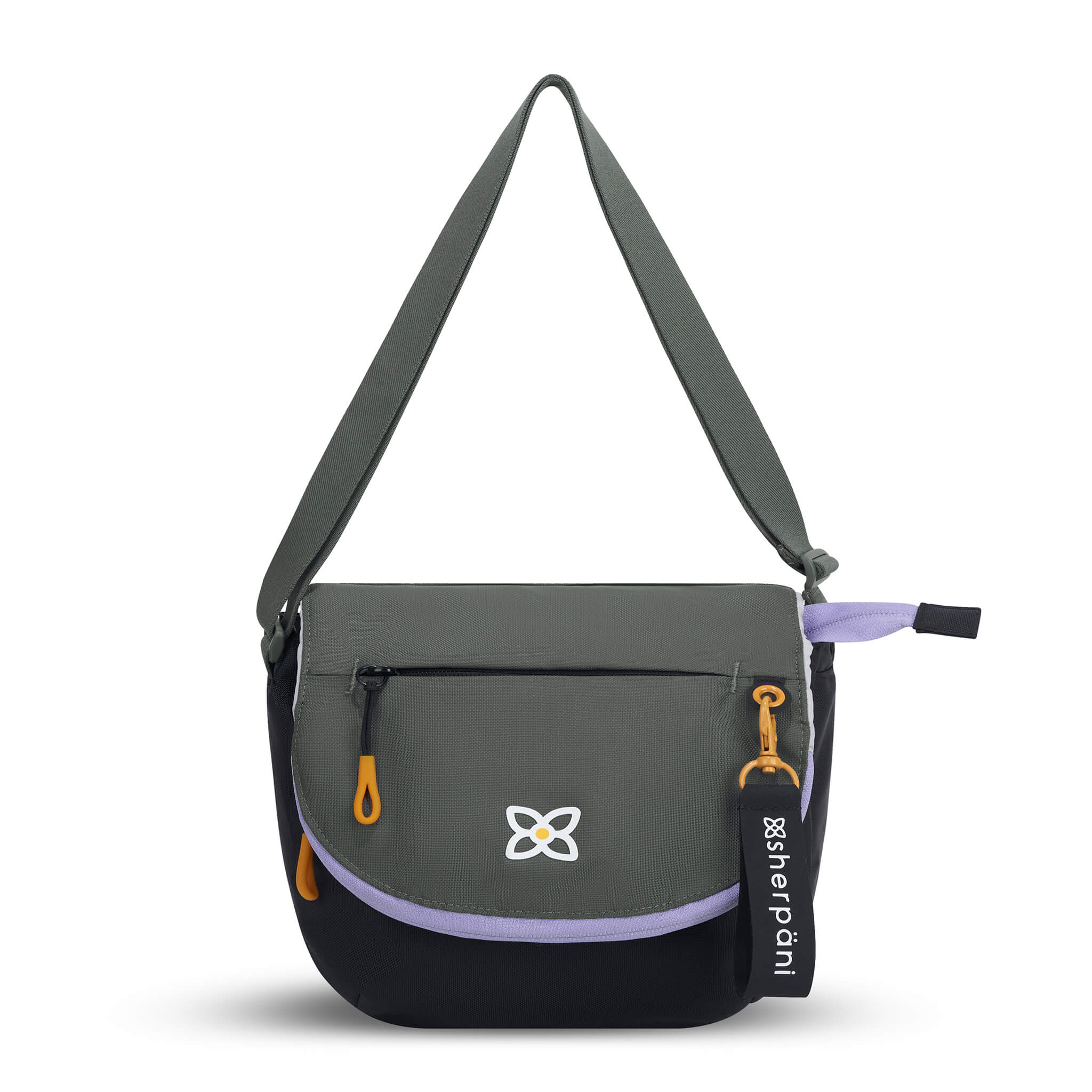 Flat front view of Sherpani messenger satchel bag, the Milli in Juniper. Milli features include an adjustable crossbody strap, front zipper pocket, brimmed zipper pocket, detachable keychain, magnetic closure, RFID security and multiple internal pockets for organization. The Juniper color is two-toned in black and gray with accents in yellow and purple. 