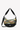 Flat front view of Sherpani's crossbody bag, the Mina in Ventura '73. The half-moon silhouette bag is two-toned: the top is multicolor wavy stripe pattern accented by lavender trim, and the bottom is black. The main zipper compartment features an easy-pull zipper accented in mustard yellow. The bag include an adjustable crossbody strap and a fixed shorten shoulder strap. A branded Sherpani keychain is clipped to a fabric loop on the top right corner. #color_ventura-73