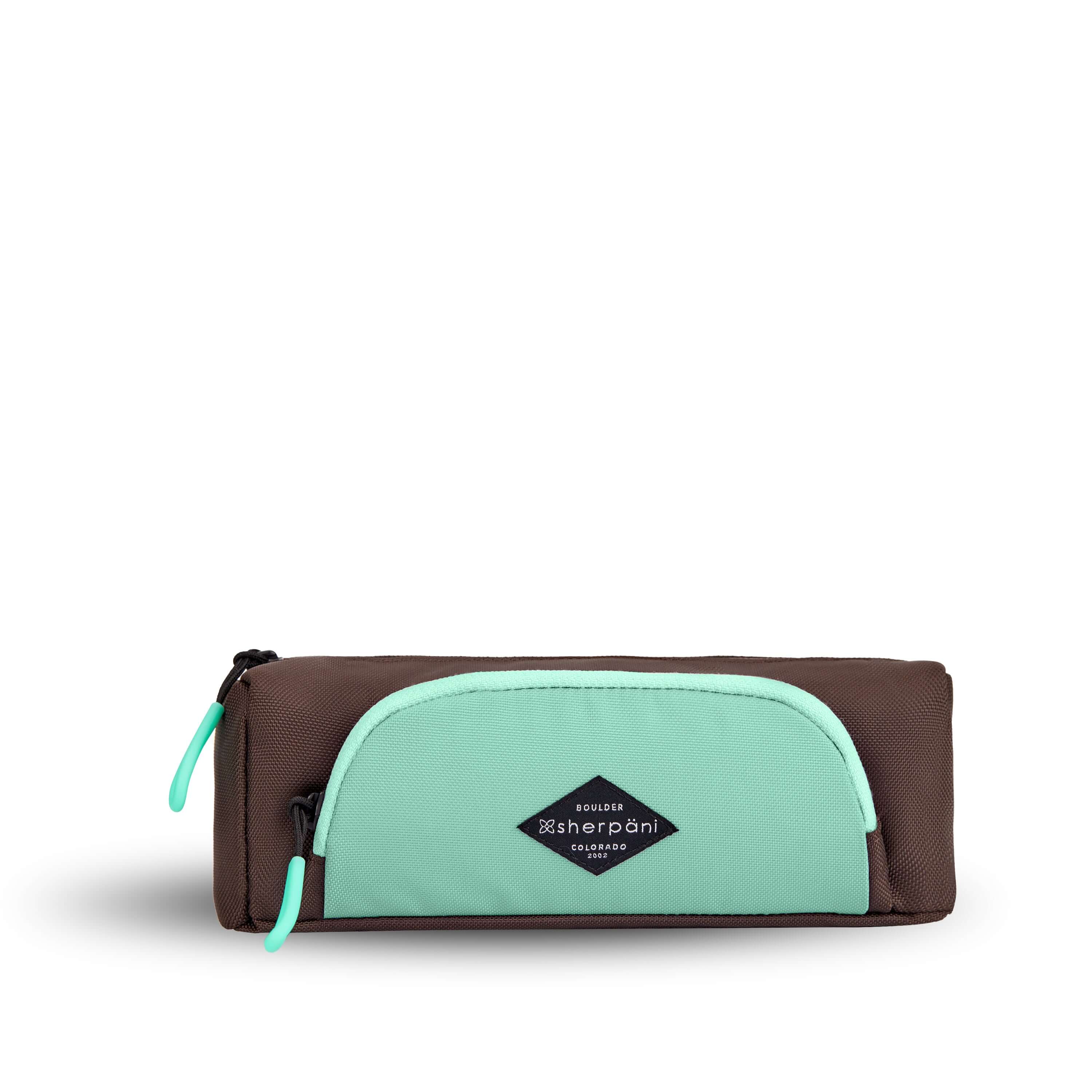 Flat front view of Sherpani travel accessory, the Poet in Seagreen. The pouch is two-toned in light green and brown. There is an external zipper pocket on the front. Easy-pull zippers are accented in light green. 