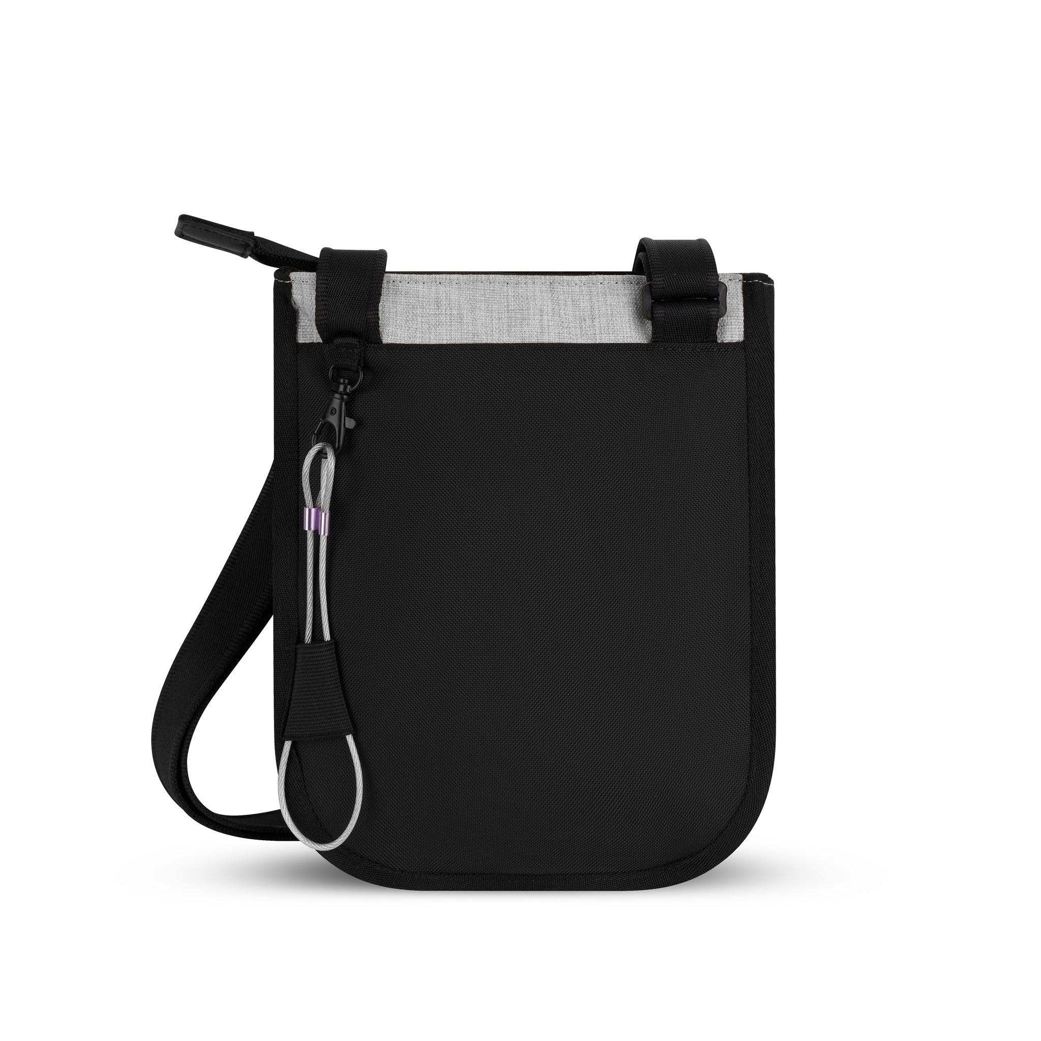 Back view of Sherpani's Anti-Theft bag, the Prima AT in Sterling, with vegan leather accents in black. There is an external pouch on the back of the bag, which stores the chair loop lock. 
