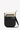 Flat front view of Sherpani Anti-Theft bag, the Prima AT in Straw. The bag features a beige front panel with black accents. There is an external pouch on the front of the bag that sits below a locking zipper compartment. The bag features an adjustable crossbody strap. #color_straw-metal
