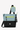 Flat front view of Sherpani's crossbody, the Sadie in St. Lucia. The top half of the bag is aqua blue accented by a light green trim and the bottom half of the bag is black. It features two exterior zipper pockets on the front panel with easy-pull zippers. A Sherpani branded keychain is attached to a fabric loop in the upper right corner. It has an adjustable crossbody strap. #color_st-lucia