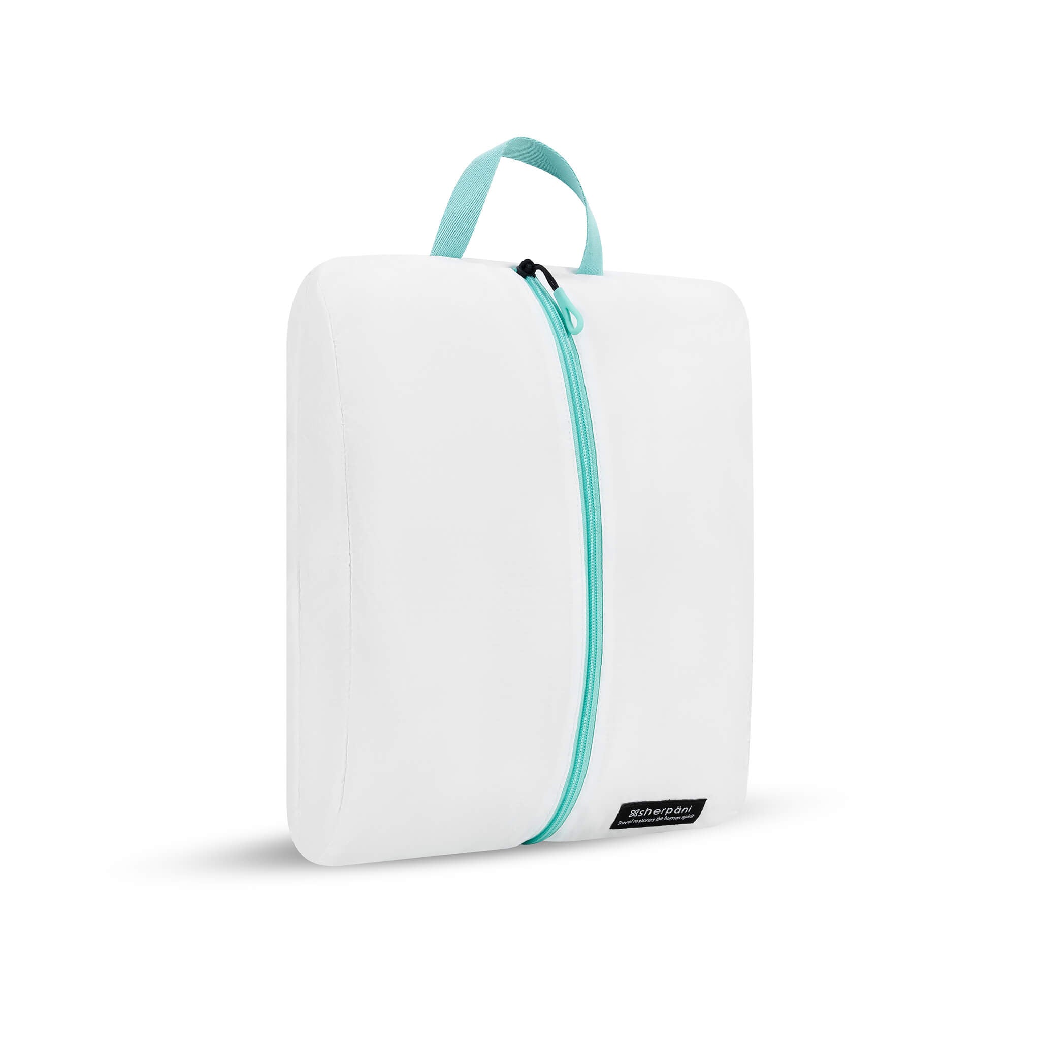 Angled front view of Compass Shoe Bag. The bag is white with zipper and handle accented in aqua. 