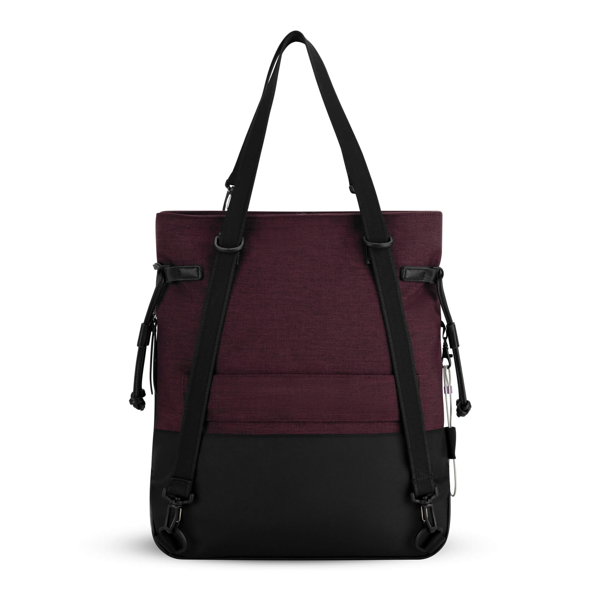 Back view of Sherpani Anti-Theft tote backpack, the Tempest in Merlot. The convertible bag includes RFID protection, locking zipper pockets, adjustable straps, and a trolley sleeve. 