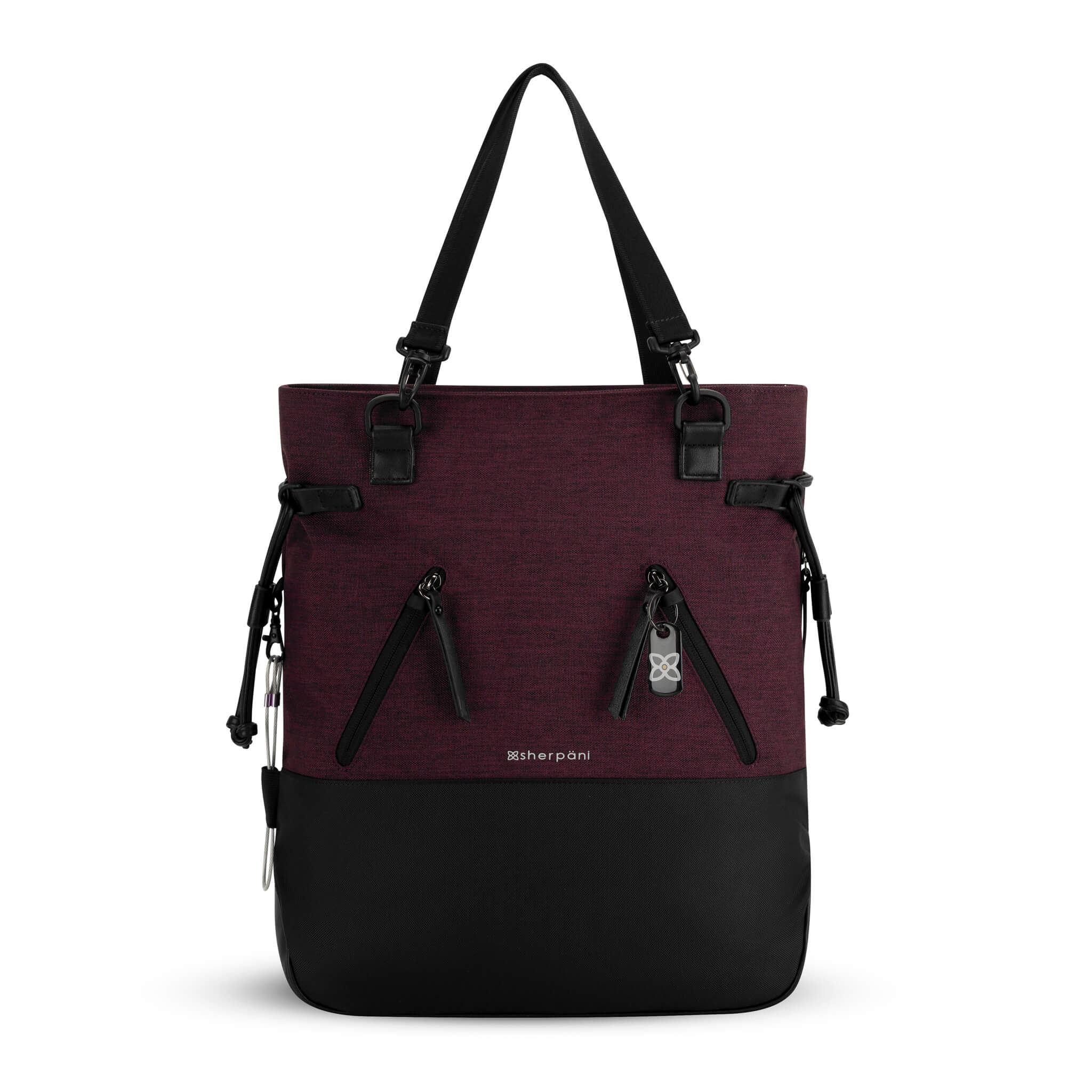 Flat front view of Sherpani Anti-Theft tote backpack, the Tempest in Merlot. The convertible bag includes RFID protection, locking zipper pockets, adjustable straps, and a trolley sleeve. 