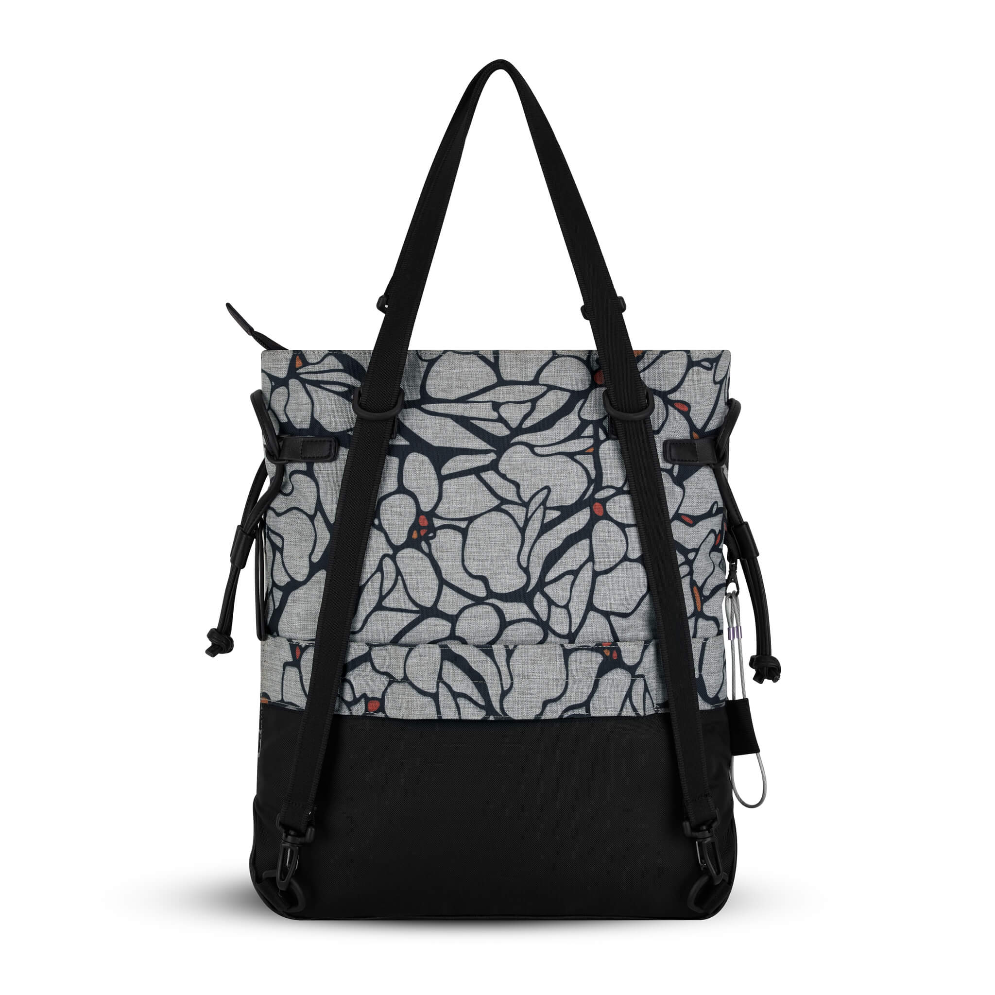 Back view of the Sherpani Anti-Theft tote backpack, the Tempest in Sakura. The convertible bag includes RFID protection, locking zipper pockets, adjustable straps, and a trolley sleeve. 