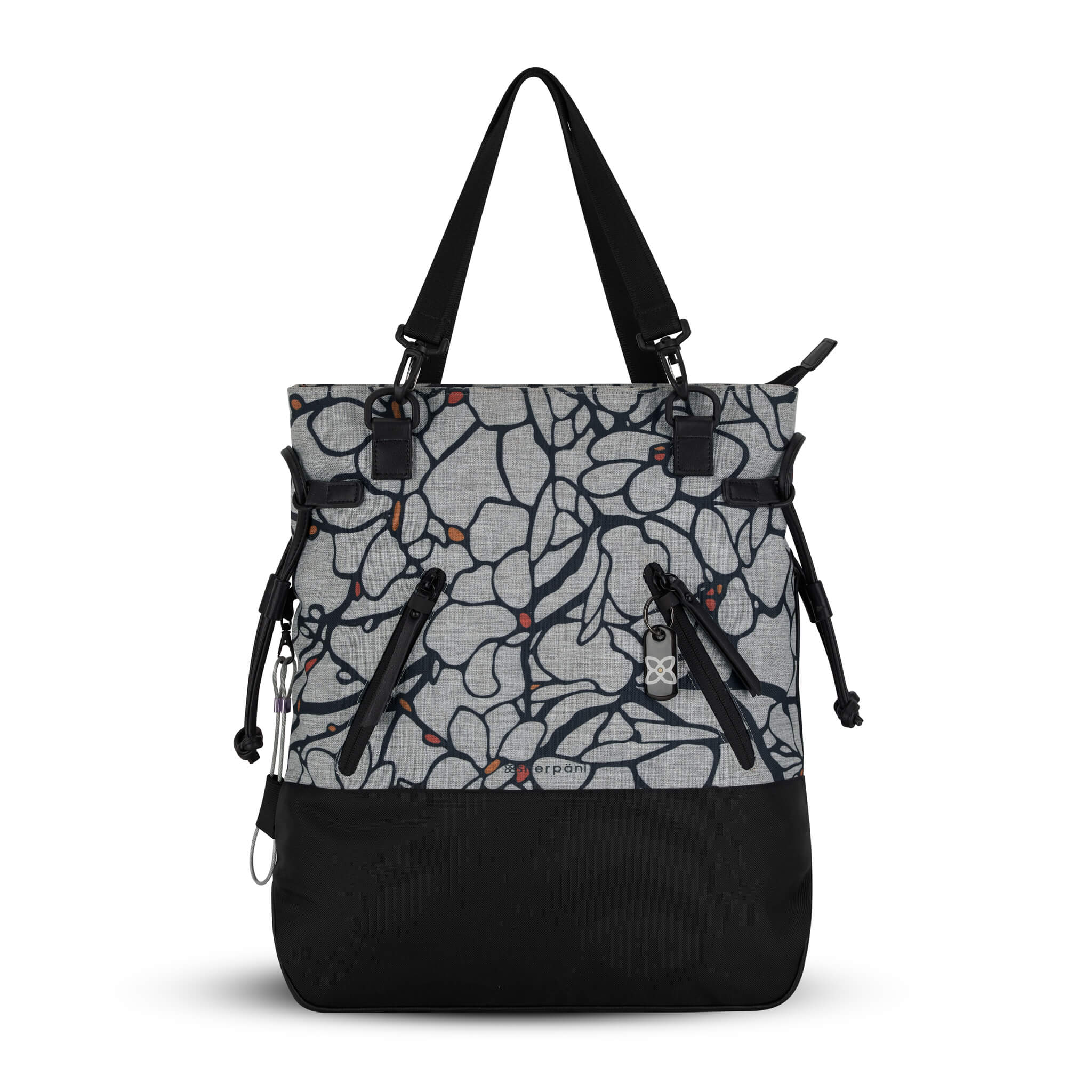 Flat front view of the Sherpani Anti-Theft tote backpack, the Tempest in Sakura. The convertible bag includes RFID protection, locking zipper pockets, adjustable straps, and a trolley sleeve. 