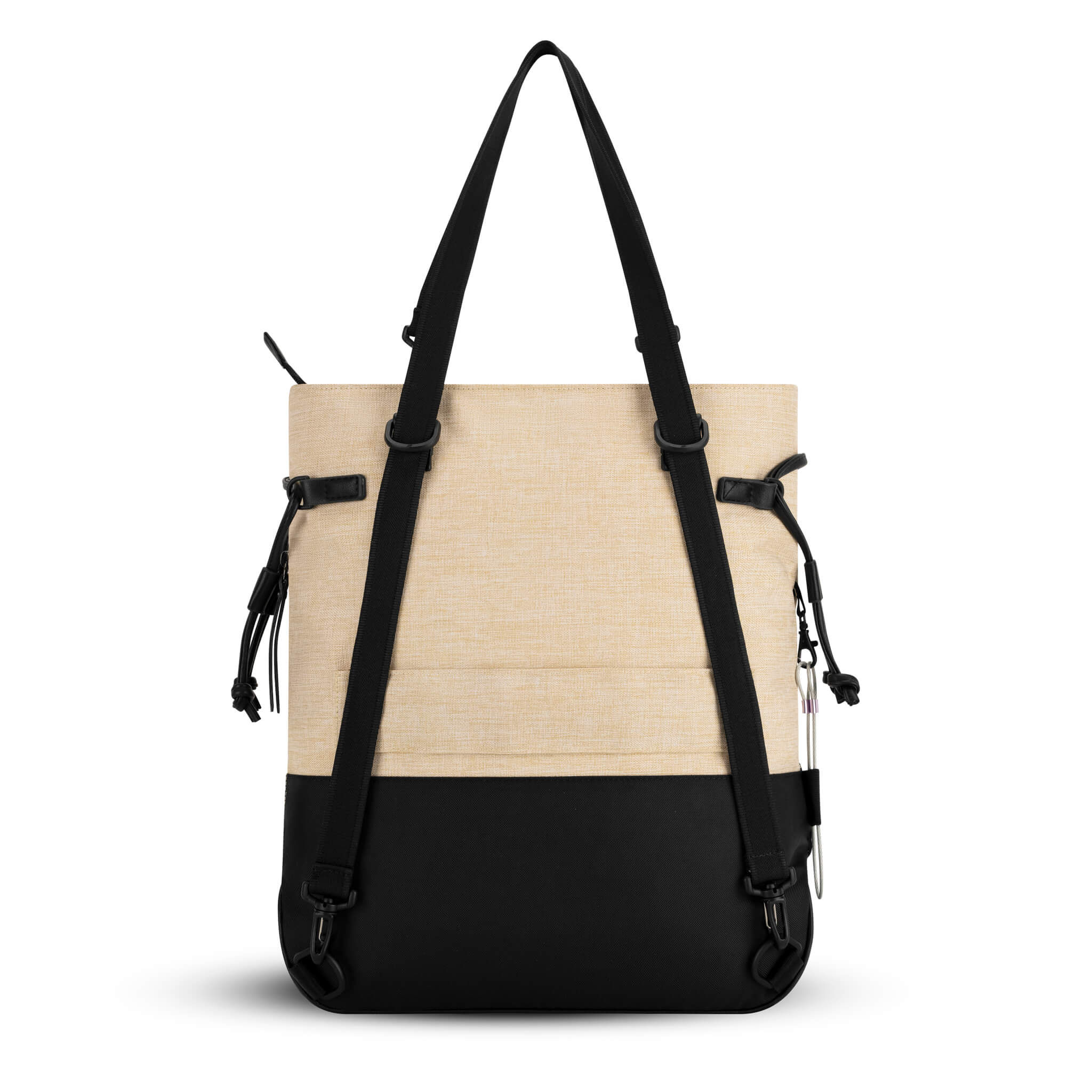 Back view of the Sherpani Anti-Theft tote backpack, the Tempest in Straw. The convertible bag includes RFID protection, locking zipper pockets, adjustable straps, and a trolley sleeve. 