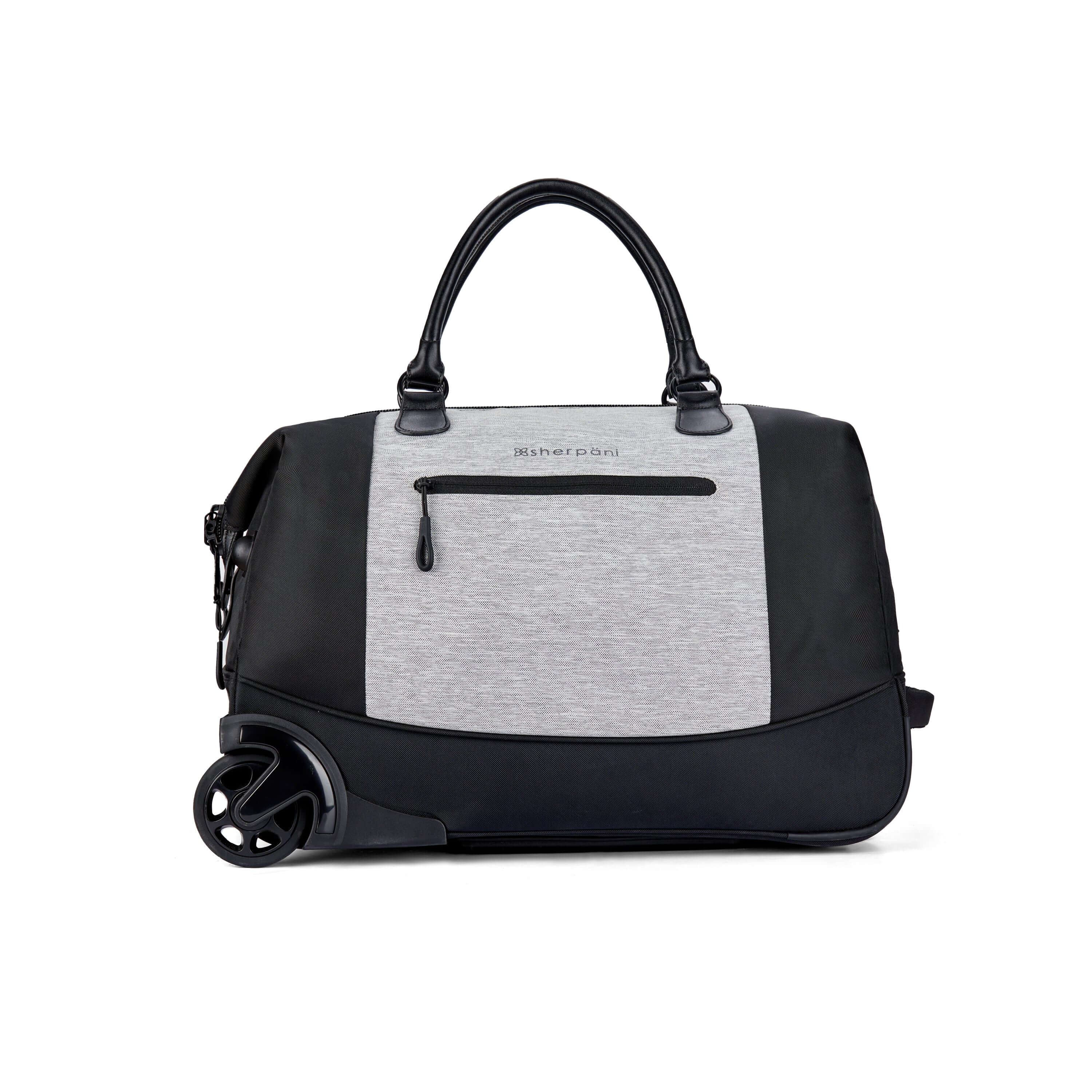 Flat back view of Sherpani’s Anti Theft rolling Duffle, the Trip in Sterling, with vegan leather accents in black. The bag lies flat on the ground with a retractable luggage handle hidden on the right side and the rolling wheels shown on the left side. The bag features short tote handles at the top and an external zipper compartment on the back panel. 