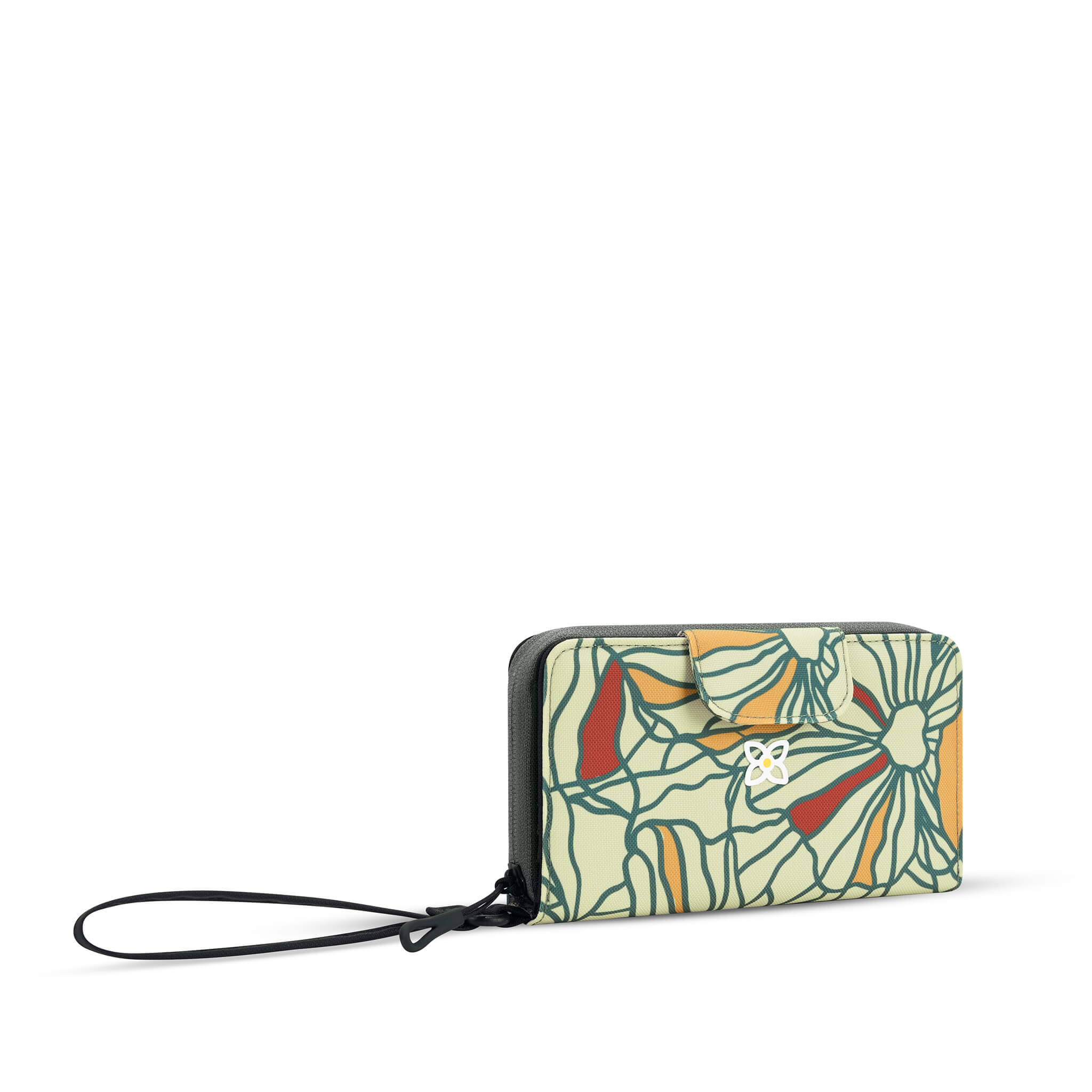 Angled front view of Sherpani wallet with RFID protection, the Tulum in Fiori. The Tulum is the ideal travel wallet that will organize and protect sensitive information and includes a wristlet strap for easy carrying. The Fiori colorway is a floral pattern with a neutral color palette. #color_fiori