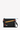 Flat front view of Sherpani crossbody, the Zoom in Chromatic. The bag is black with yellow and blue accents. There is an external zipper pocket on the front with an easy-pull zipper. The bag has an adjustable/detachable crossbody strap. There is a branded Sherpani keychain clipped to a fabric loop on the upper right corner. #color_chromatic