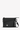 Flat front view of Sherpani crossbody, the Zoom in Raven. The bag is in black color. There is an external zipper pocket on the front with an easy-pull zipper. The bag has an adjustable/detachable crossbody strap. There is a branded Sherpani keychain clipped to a fabric loop on the upper right corner. #color_raven