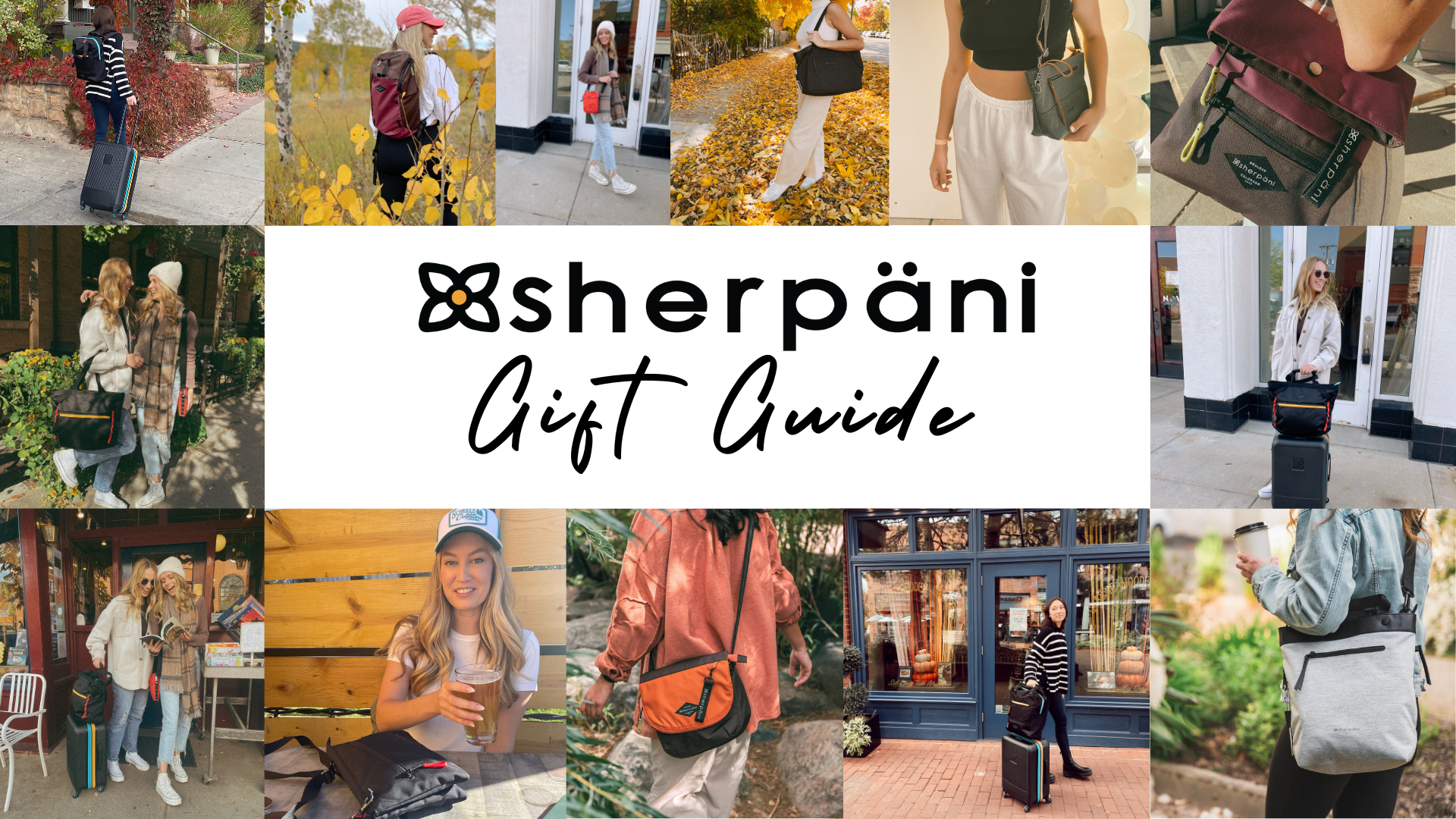 Collage image of Sherpani backpacks, crossbodys, purses, and suitcases featured in our Holiday Gift Guide